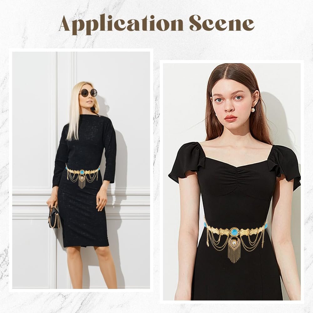 Пояс-цепочка на талию Boho GORGECRAFT Золотистый Многослойный Кисточка Монета Бирюзовый Страз Подвеска Винтажный Богемный Сплав Регулируемый Цепочка для тела Живот Платье Аксессуары для талии, фото №5