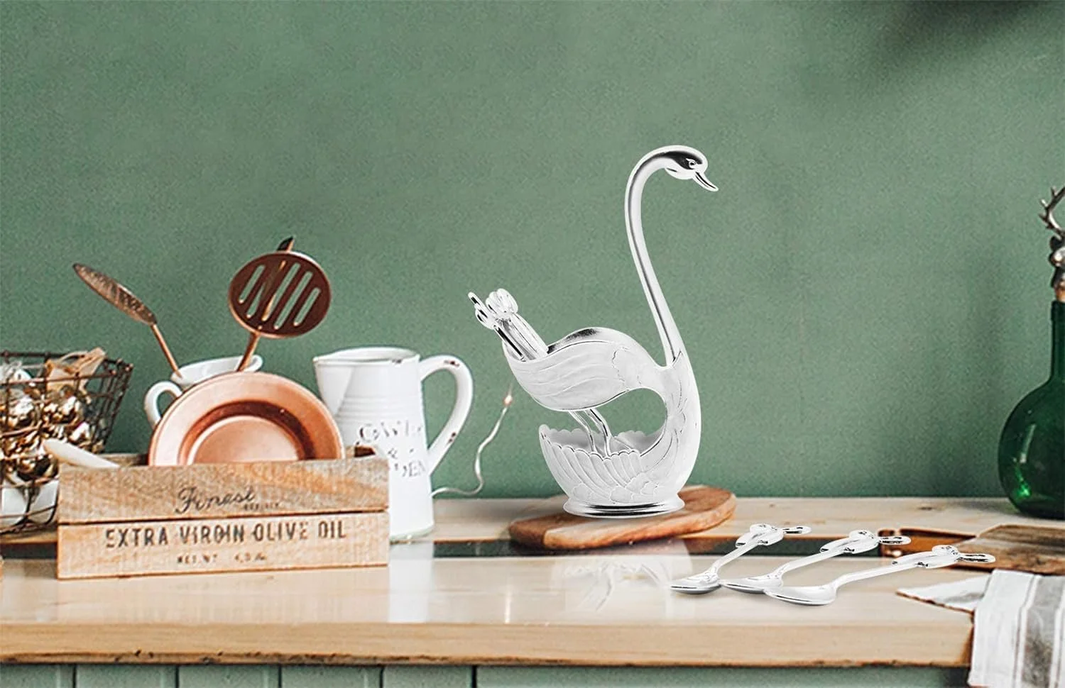 Ложка для кави з підставкою у формі лебедя набір 6 шт. Сріблястий (3 ложки, 3 виделки), фото №3