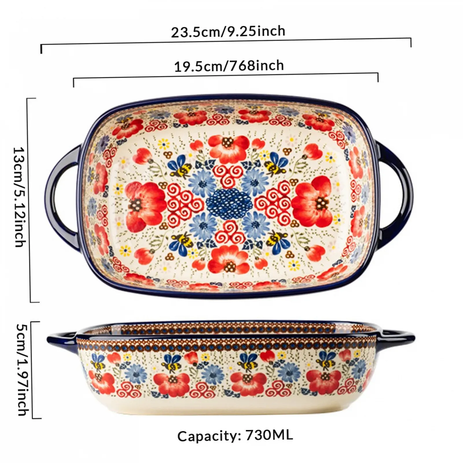 Форма для запекания керамическая термостойкая с двумя ручками цветочный принт 730 мл, фото №7