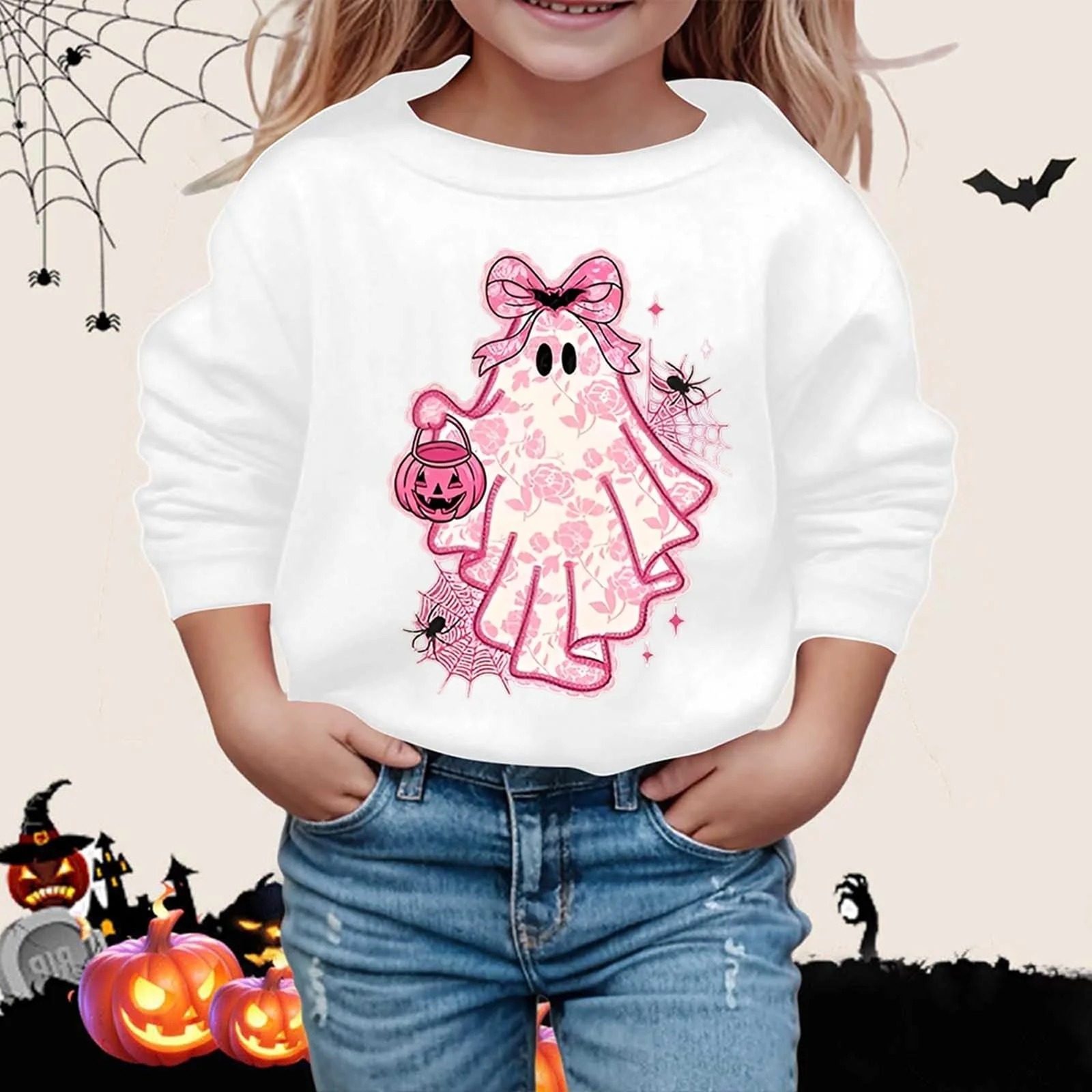 Рубашка с длинными рукавами для девочки Осень - Милый свитшот с хеллоуинским принтом, повседневный детский свитшот с круглым вырезом и длинными рукавами, фото №3