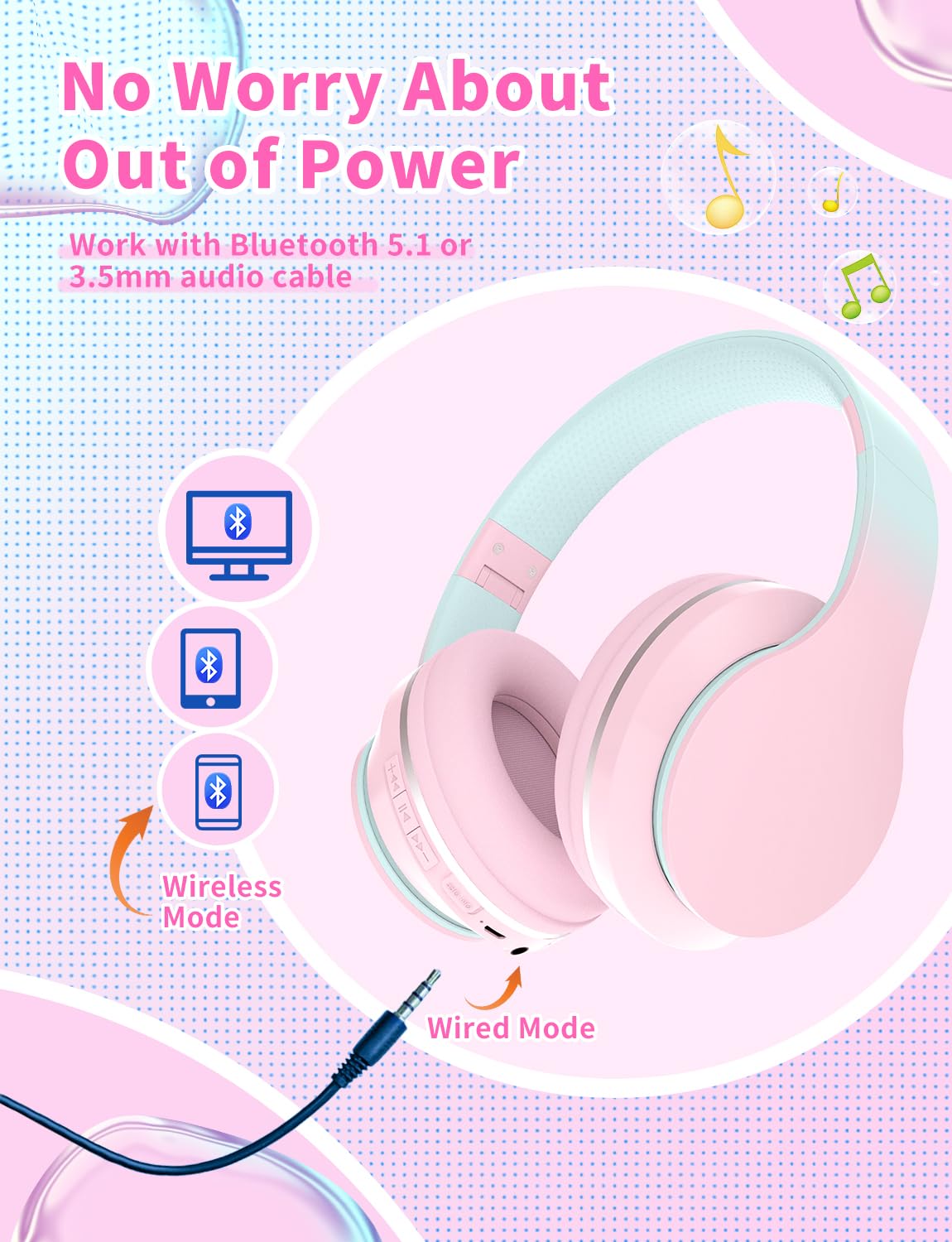 Навушники Xunpuls Bluetooth Children's бездротові накладні регулювання гучності складні з мікрофоном, фото №2