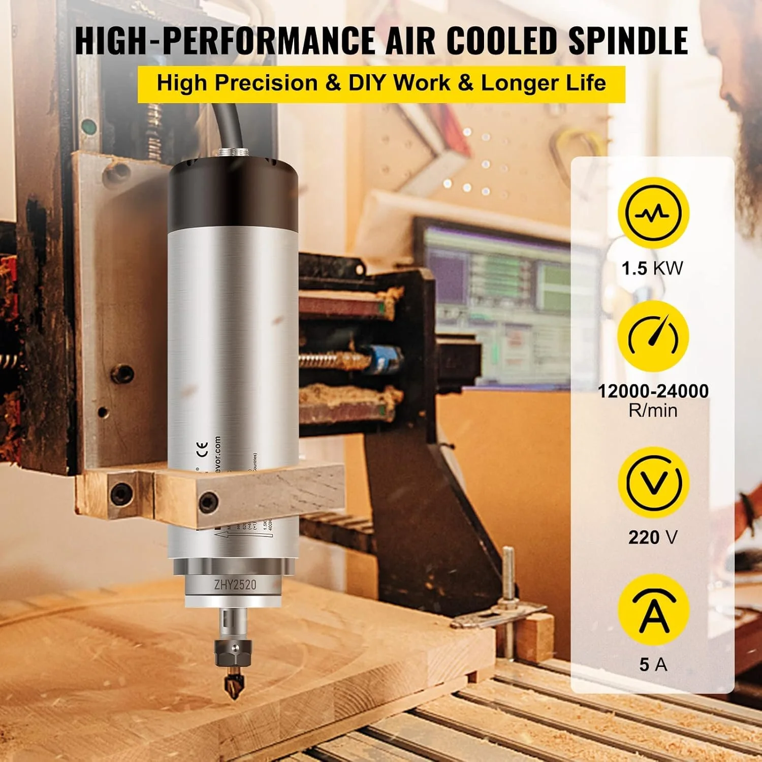 Шпиндельний двигун VEVOR JST-JGF-F65C з повітряним охолодженням / 1,5 кВт / 24000 об/хв / 400 Hz / Срібний, фото №2