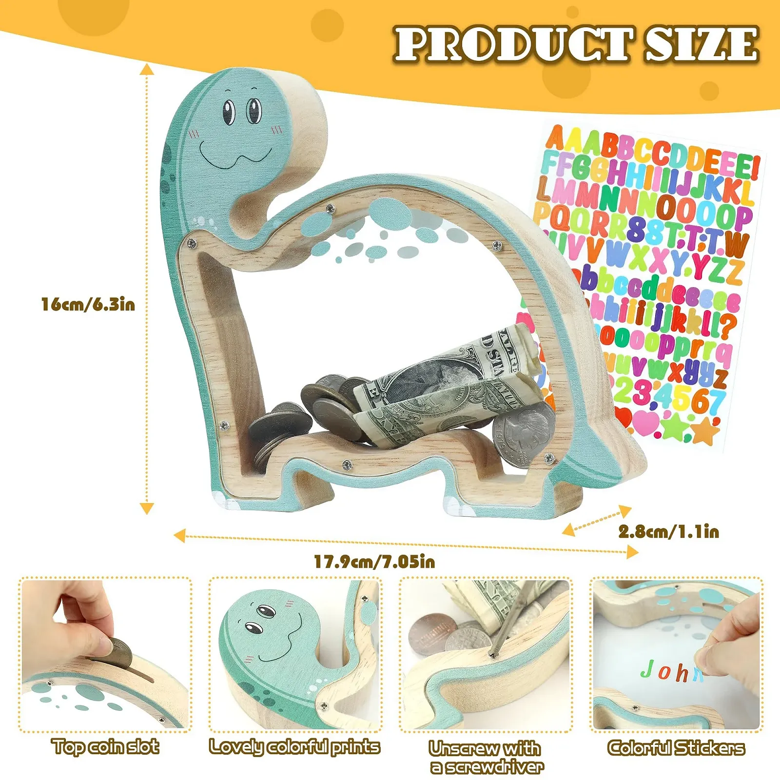 Скарбничка дерев'яна Brachiosaurus у формі динозавра з наклейками прозора, фото №2