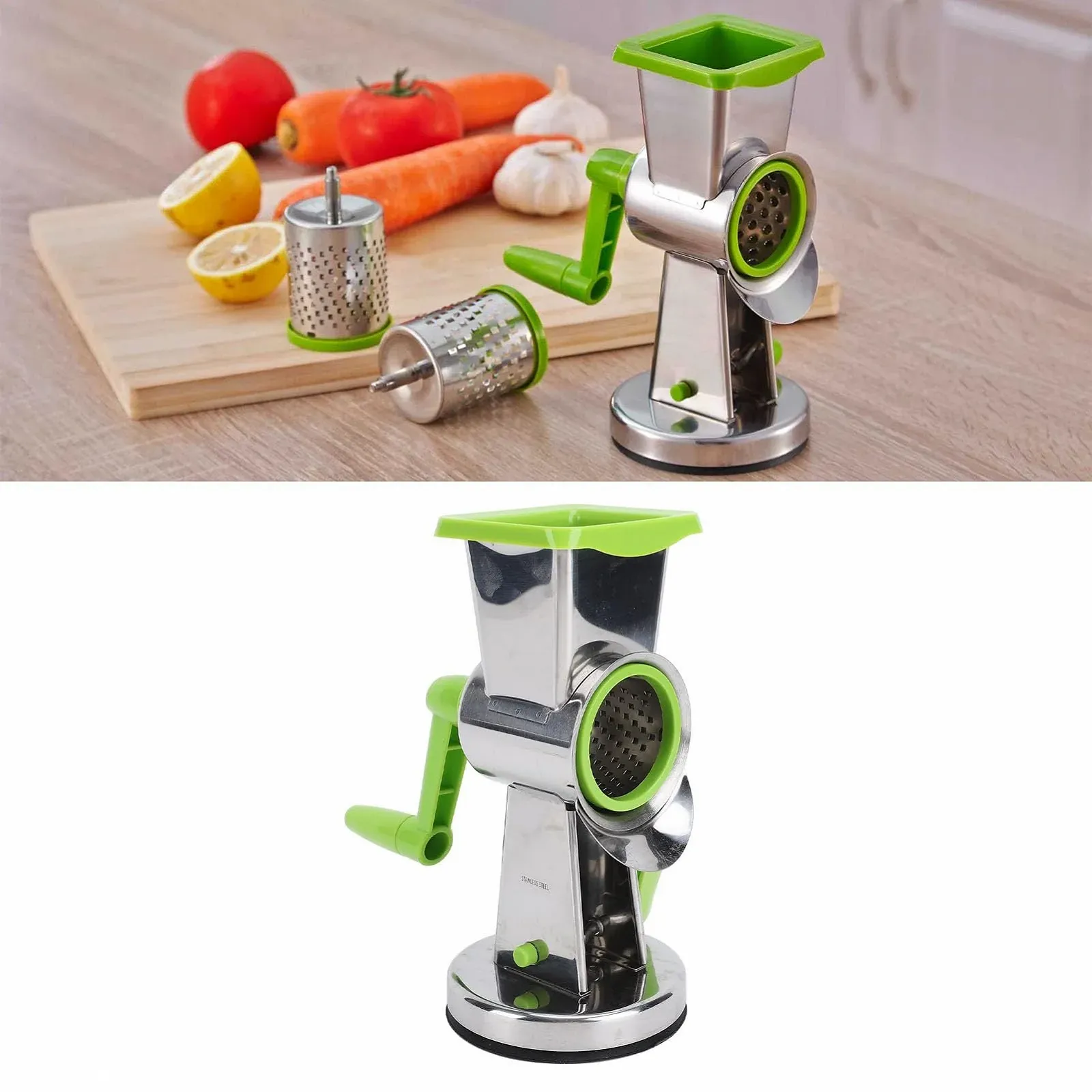 Ручна терка Omabeta, кривошипна для сиру з 3 лезами на присосці для овочів та горіхів, фото №2