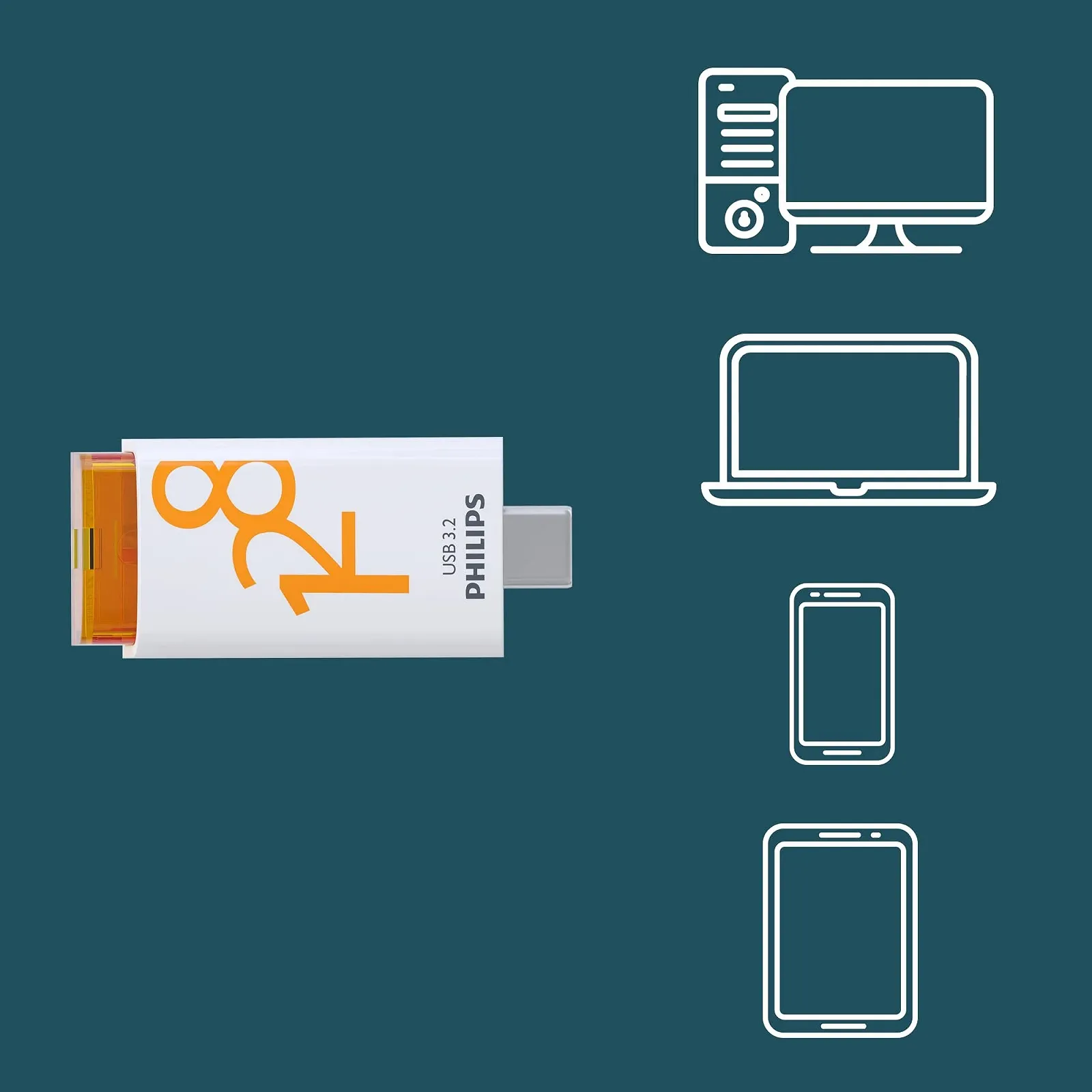 USB Flash-накопичувач Philips Click Edition 128GB USB-C USB 3.2 Gen 1 120 МБ/с White Orange, фото №6 USB Flash-накопичувач Philips Click Edition 128GB USB-C USB 3.2 Gen 1 120 МБ/с White Orange, фото №6