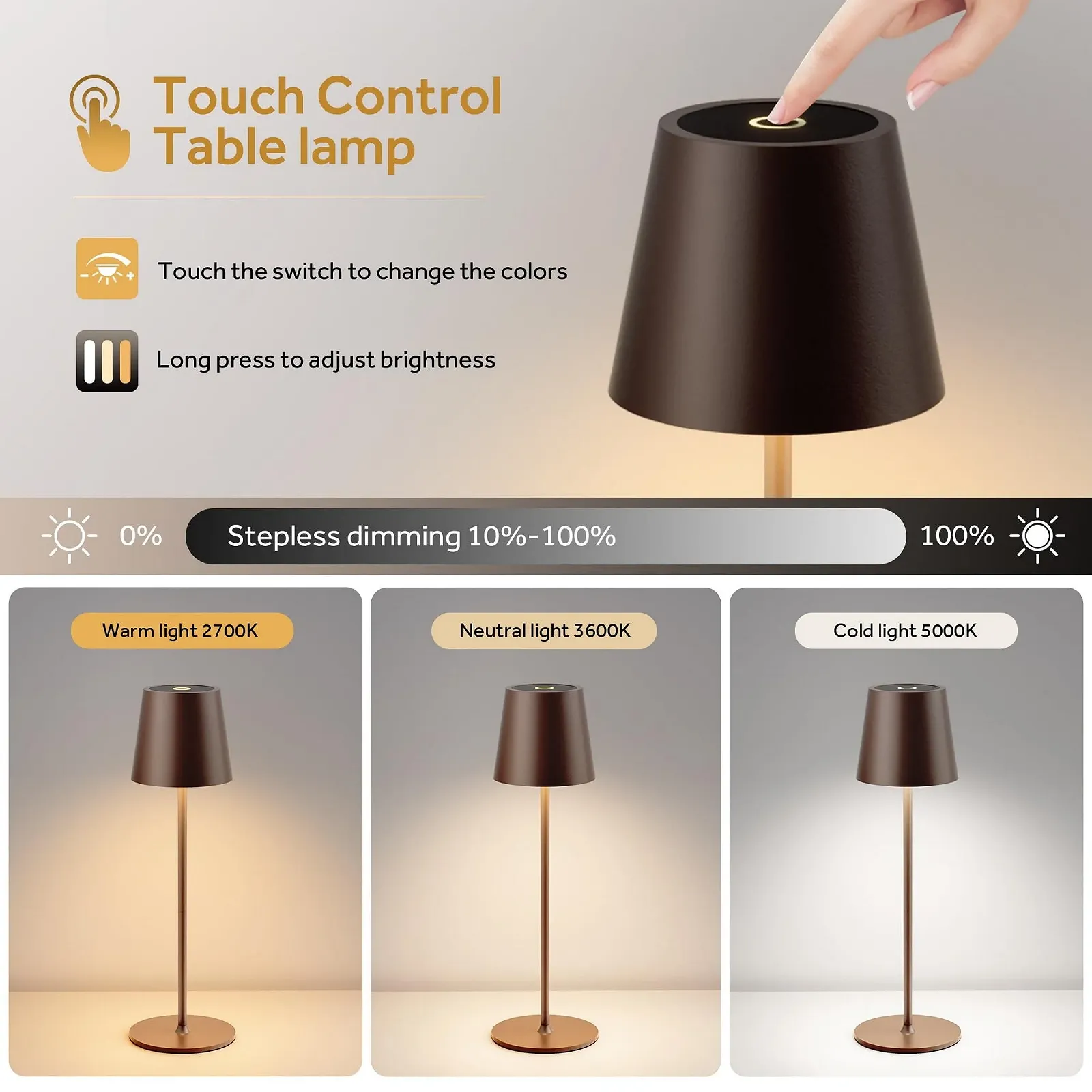 Настільні лампи Набір із 2 шт Сенсорні Димовані Бездротові LED Акумуляторні USB IP54 5200 mAh Темно-коричневий, фото №5