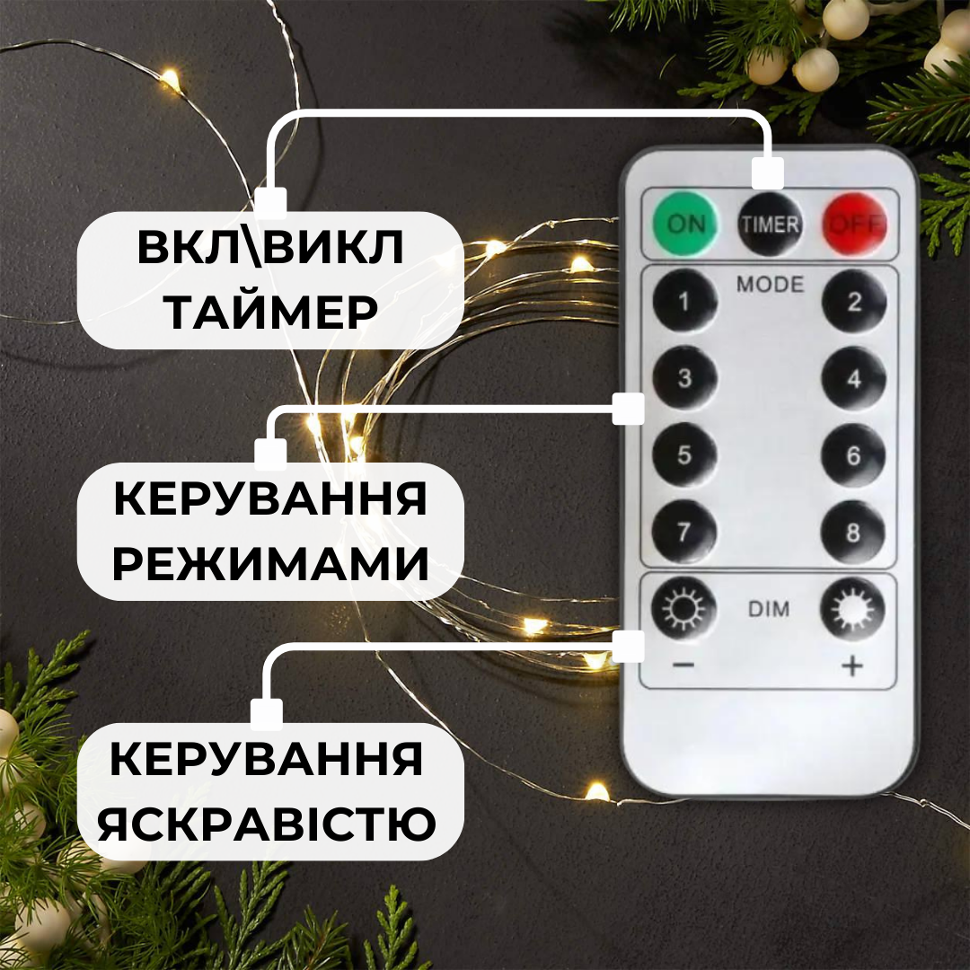 Гірлянда роса на зеленому дроті 200 м 2000 лід NikiLight крапля роси з режимами вулична пульта тепло біла, фото №5