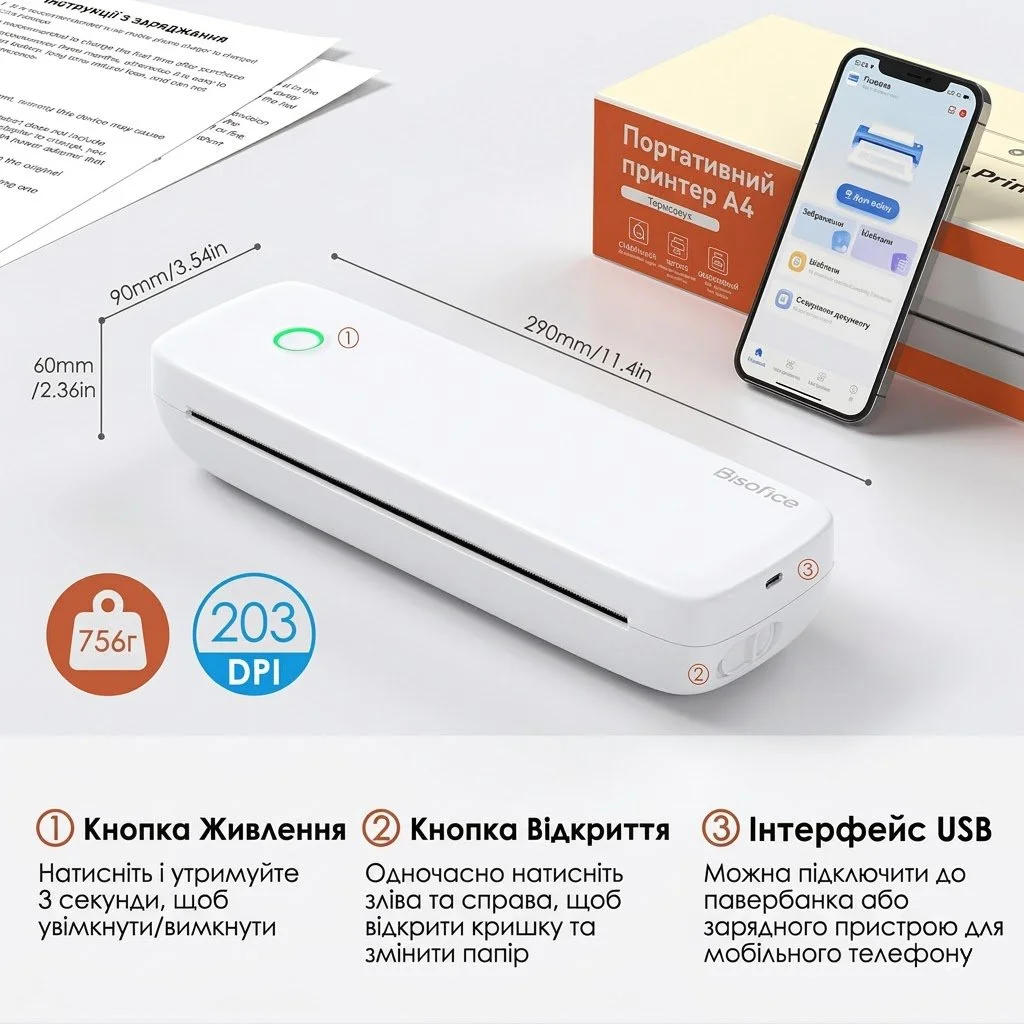 Портативний термопринтер Bisofice L81 A4 / Bluetooth / Білий, фото №3