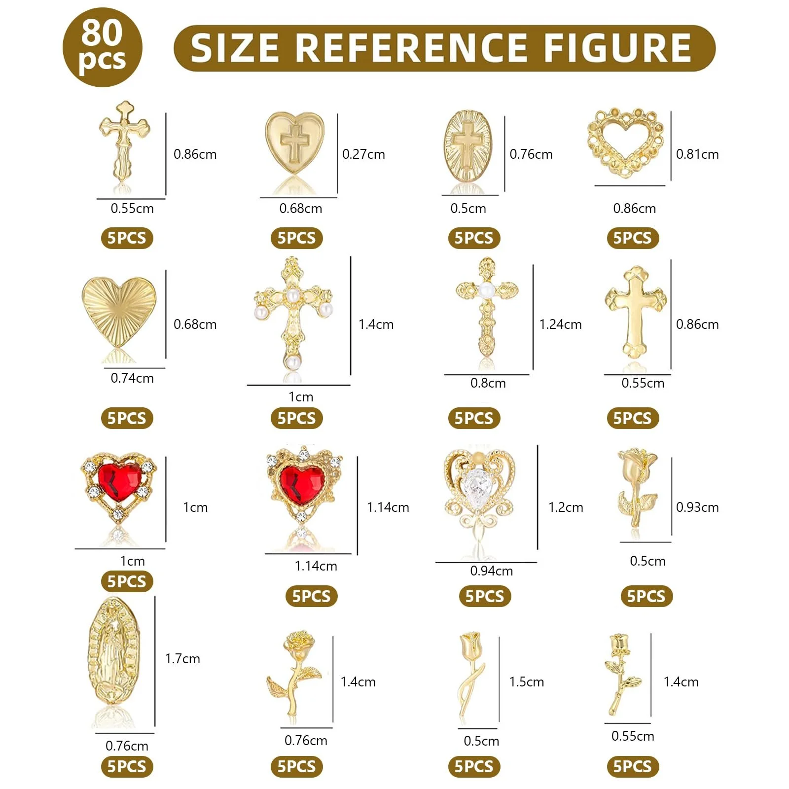 Y2K Chrome, 80 шт, набір золотистих прикрас для нігтів із золотистими дорогоцінними каменями, фото №2