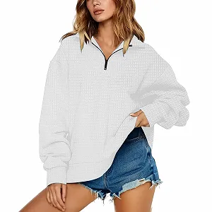 Женский свитшот на молнии однотонный, половинная молния, отложной воротник, длинный рукав, без капюшона - Фото 1