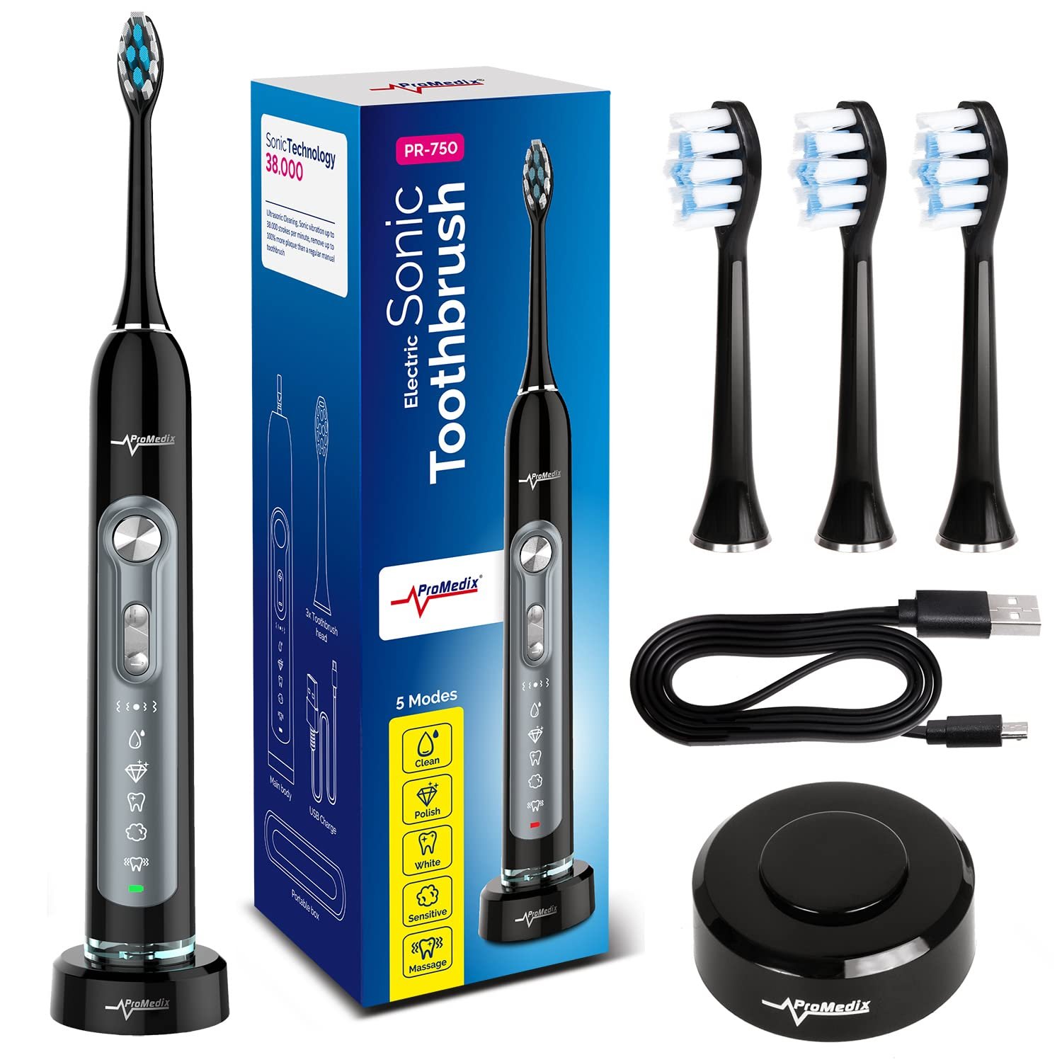 Зубная щетка звуковая Promedix PR-750 Professional Diamond Smile, IPX7, беспроводная, 5 режимов, таймер, 3 уровня мощности, 3 насадки, черная или белая, чехол, USB, фото №1