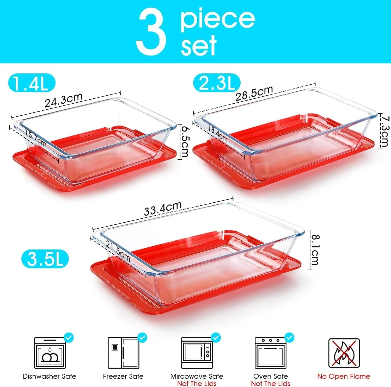 Набор форм для запекания NUTRIUPS глубокие стеклянные с крышками 3 шт. 1.4 + 2.3 + 3.5 л, фото №3