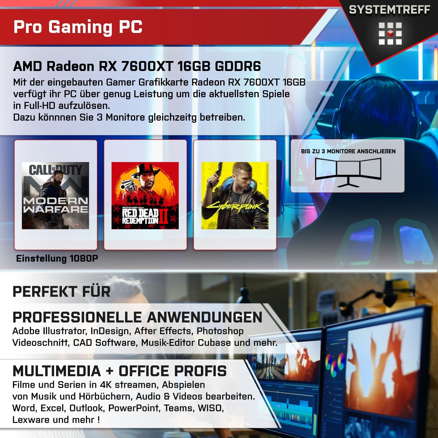 Комплект ПК SYSTEMTREFF Gaming AMD Ryzen 5 7600 6x5.1GHz AMD Radeon RX 7600XT 16GB DX12 1TB M.2 NVMe 32GB DDR5 RAM WLAN для геймеров, фото №5