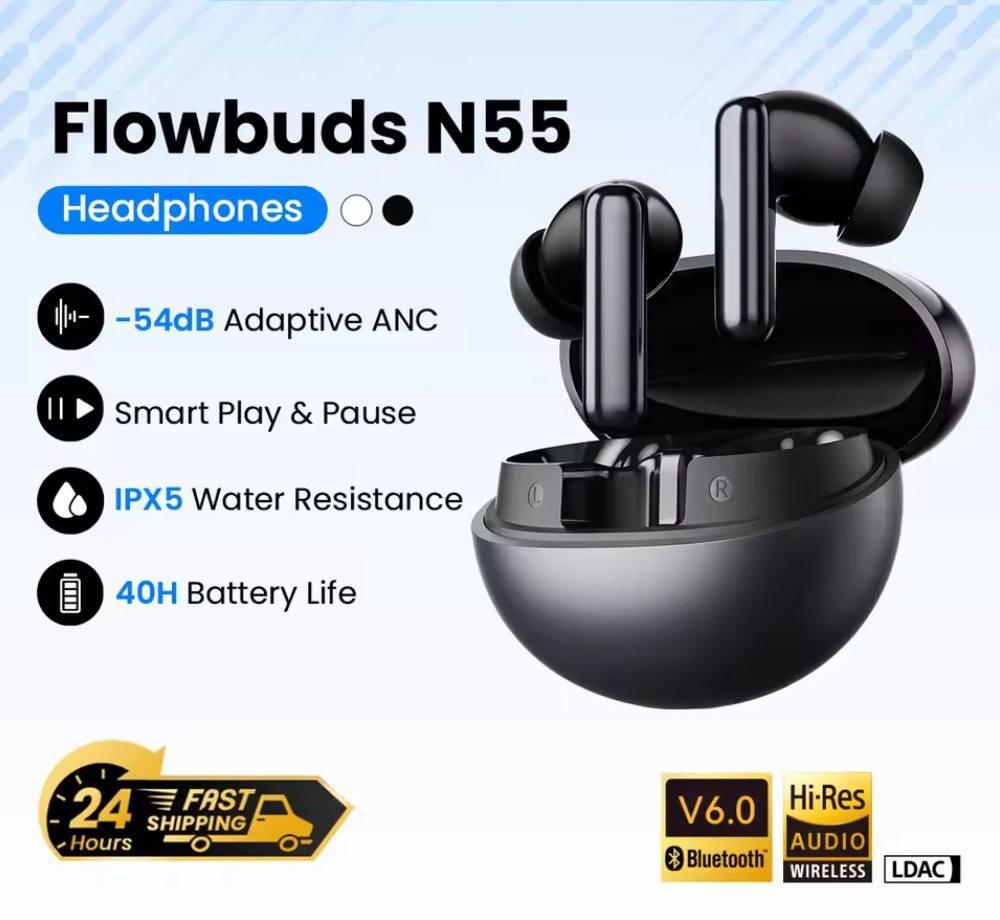 Навушники HAYLOU Flowbuds N55 Black LDAC Hi-Res Audio 54dB ANC IPX5, фото №1