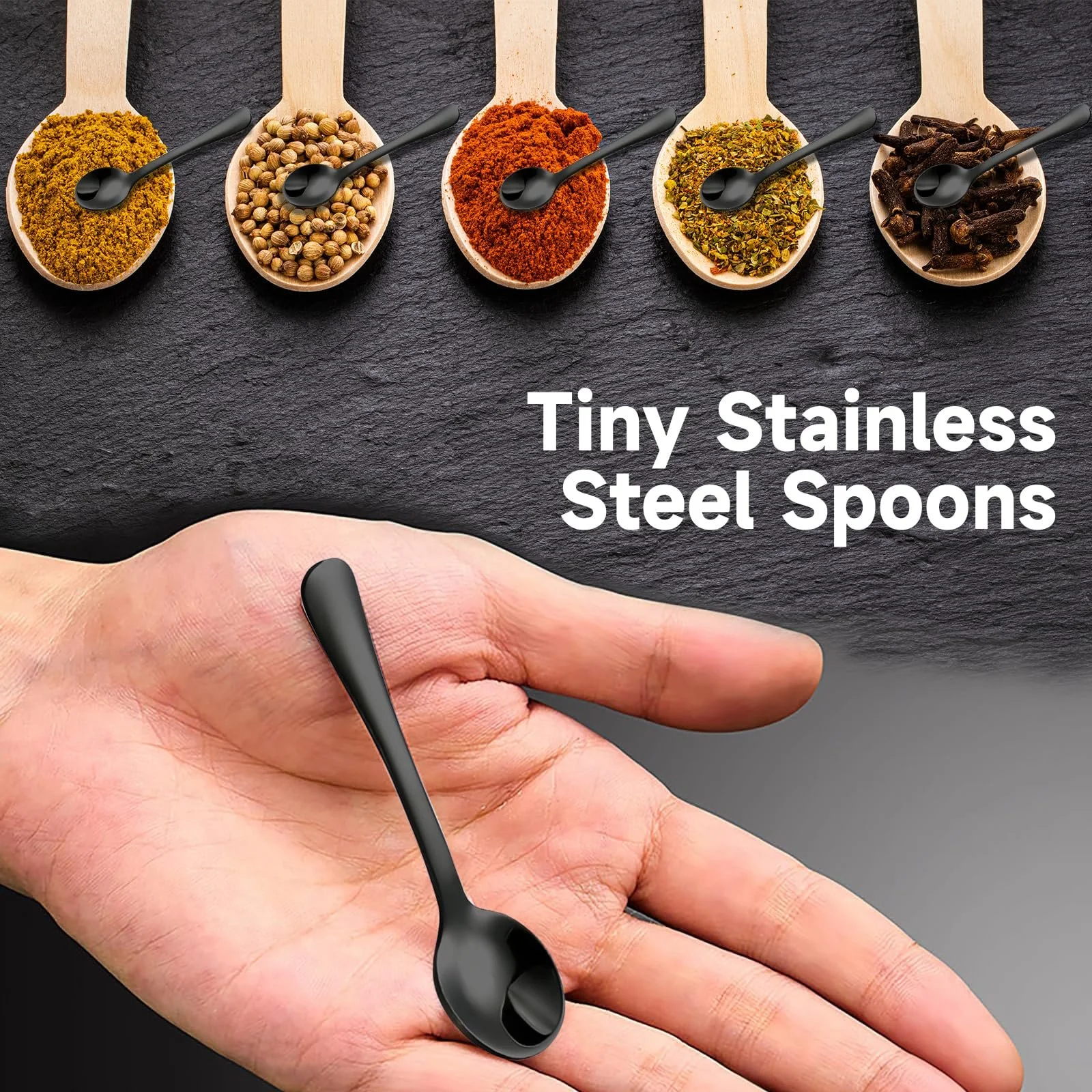 Ложка GlamRays Мініатюрна з нержавіючої сталі для спецій 7,5 см, 8 шт, Чорний, фото №7 Ложка GlamRays Мініатюрна з нержавіючої сталі для спецій 7,5 см, 8 шт, Чорний, фото №7