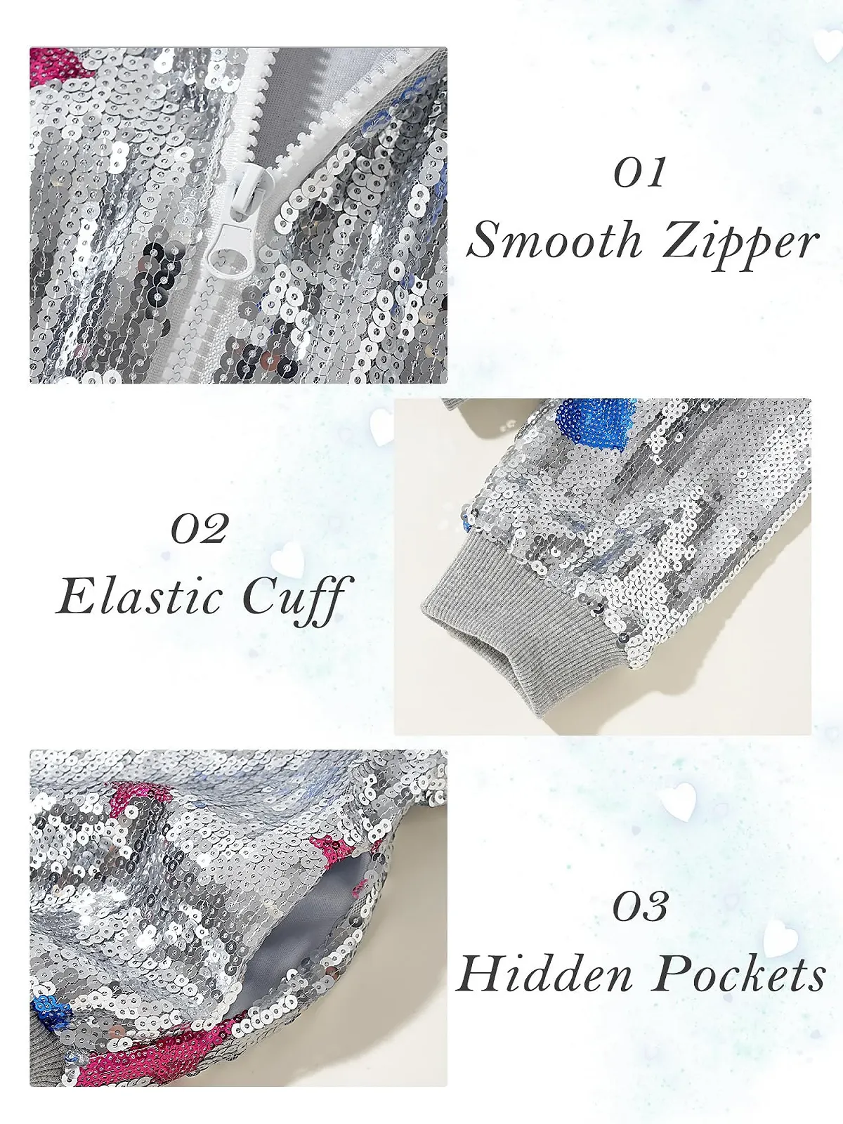 Блискуча куртка NEAWEALY для дівчат, дитяча куртка-бомбер з блискавкою та кишенями, фото №4 Блискуча куртка NEAWEALY для дівчат, дитяча куртка-бомбер з блискавкою та кишенями, фото №4