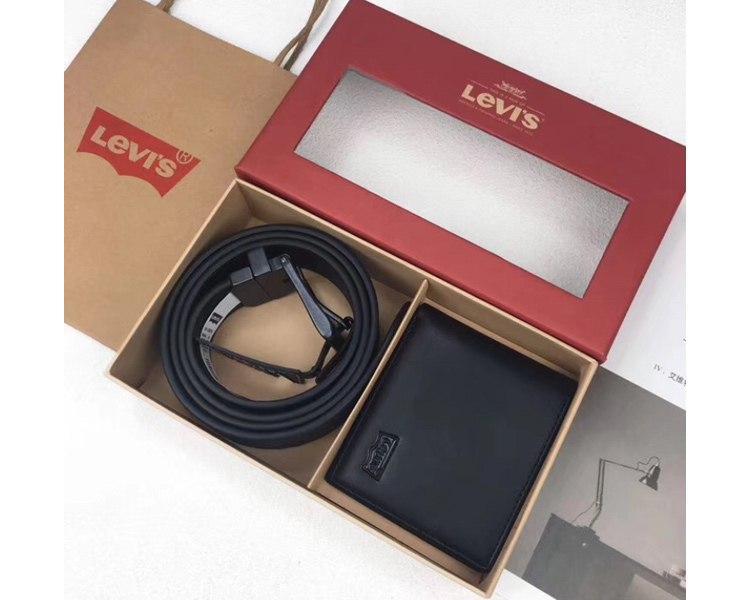 Чоловічий подарунковий набір шкірний кишені і пояс з натуральної шкіри чорний Левіс, фото №2