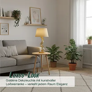 Настільна лампа Relaxdays з металевою основою та тканинним абажуром E27 55 x 27 см Лаврова лоза Золотистий synthetic.ua - Фото 1