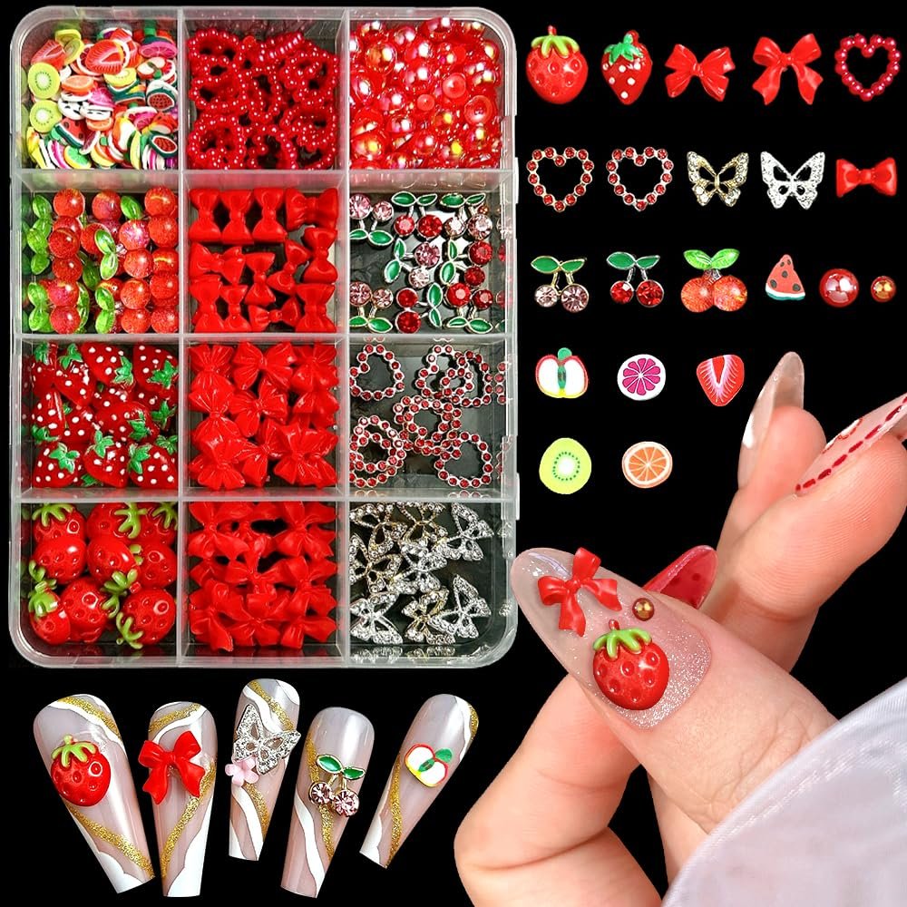 3D Украшения для ногтей Клубника Вишня Бантик Сердце Бабочка Аксессуары для ногтей Красный, фото №1