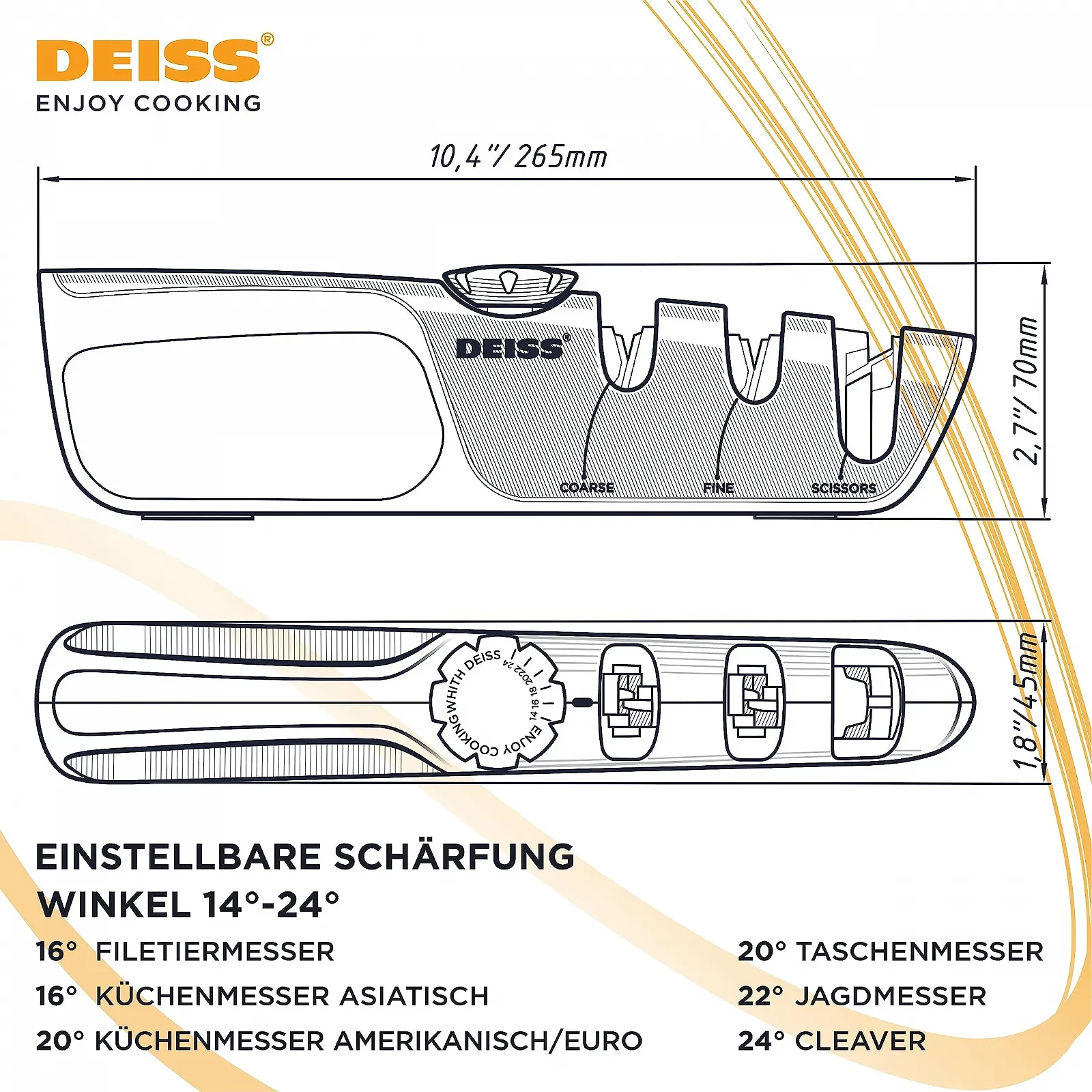 Точилка для ножів Deiss PRO ручна з регульованим кутом 3-етапна чорна, фото №9