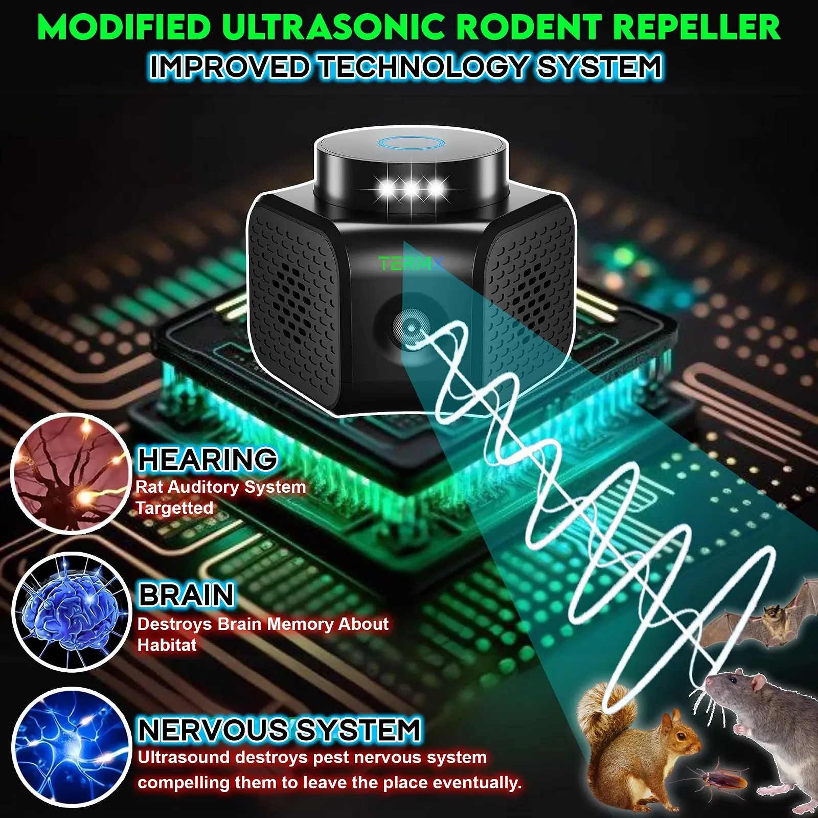 Ультразвуковий відлякувач гризунів Mouse Blocker Pro 4 режими 360° 120 м² 9 світлодіодів, фото №3