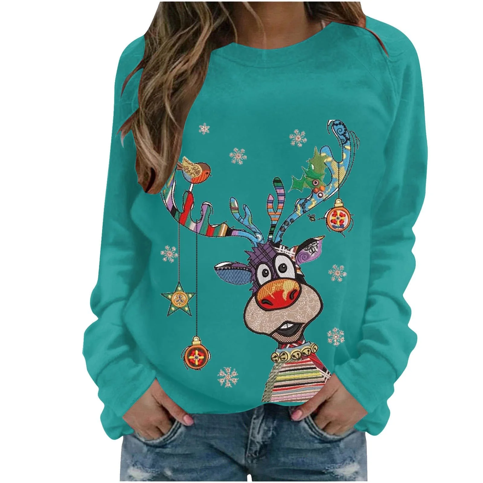 Женский свитшот с рождественским принтом Рождественский джемпер, смешной графический круглый вырез, распродажа, уродливый рождественский зимний джемпер, рукава реглан и длинные рукава, фото №1