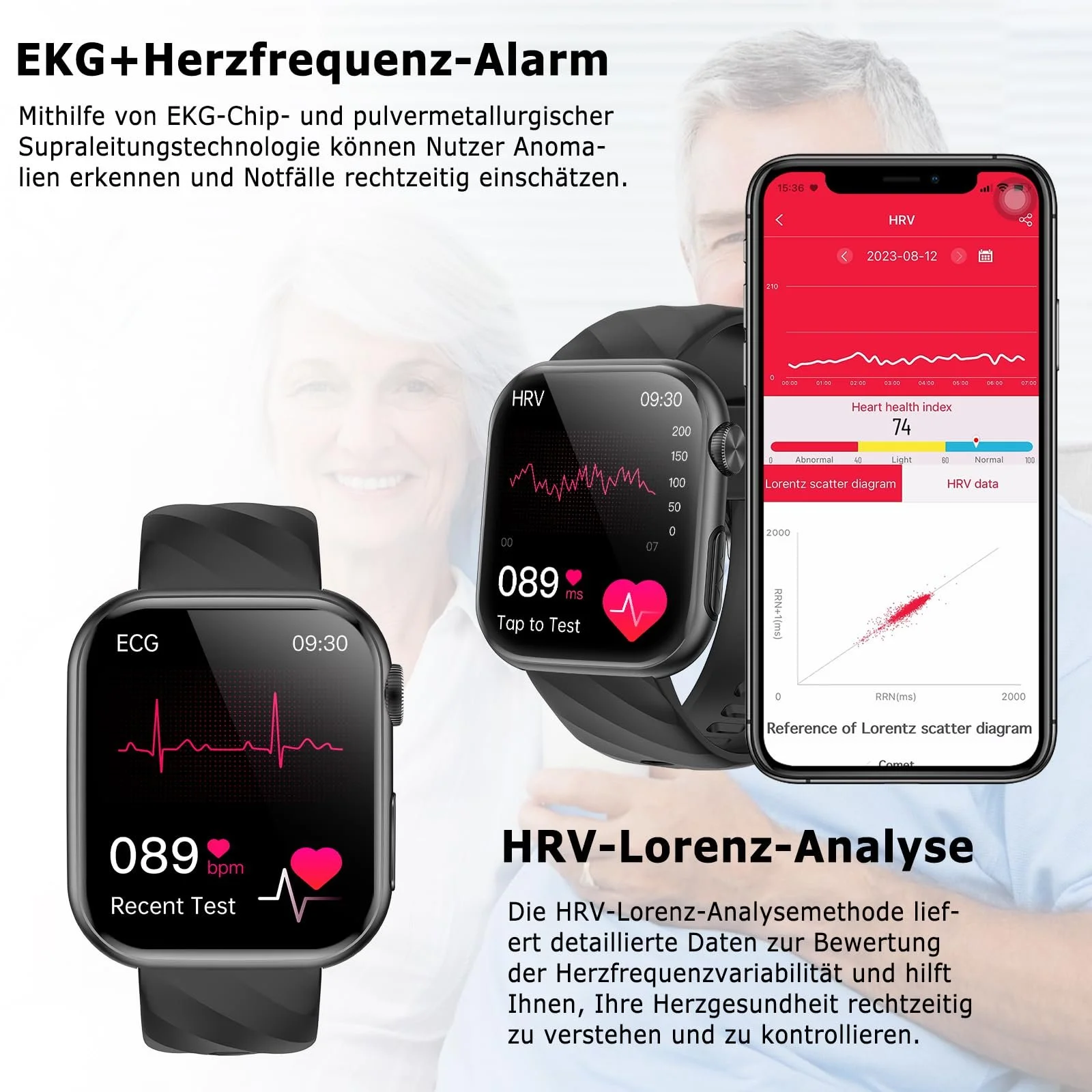 Смарт-часы 2025 ECG + HRV/BMI для мужчин и женщин, 1,97-дюймовый AMOLED, монитор здоровья с функцией телефона, круглосуточный мониторинг сердечного ритма SpO2, артериального давления, температуры тела, мониторинг сна, Черный, фото №2