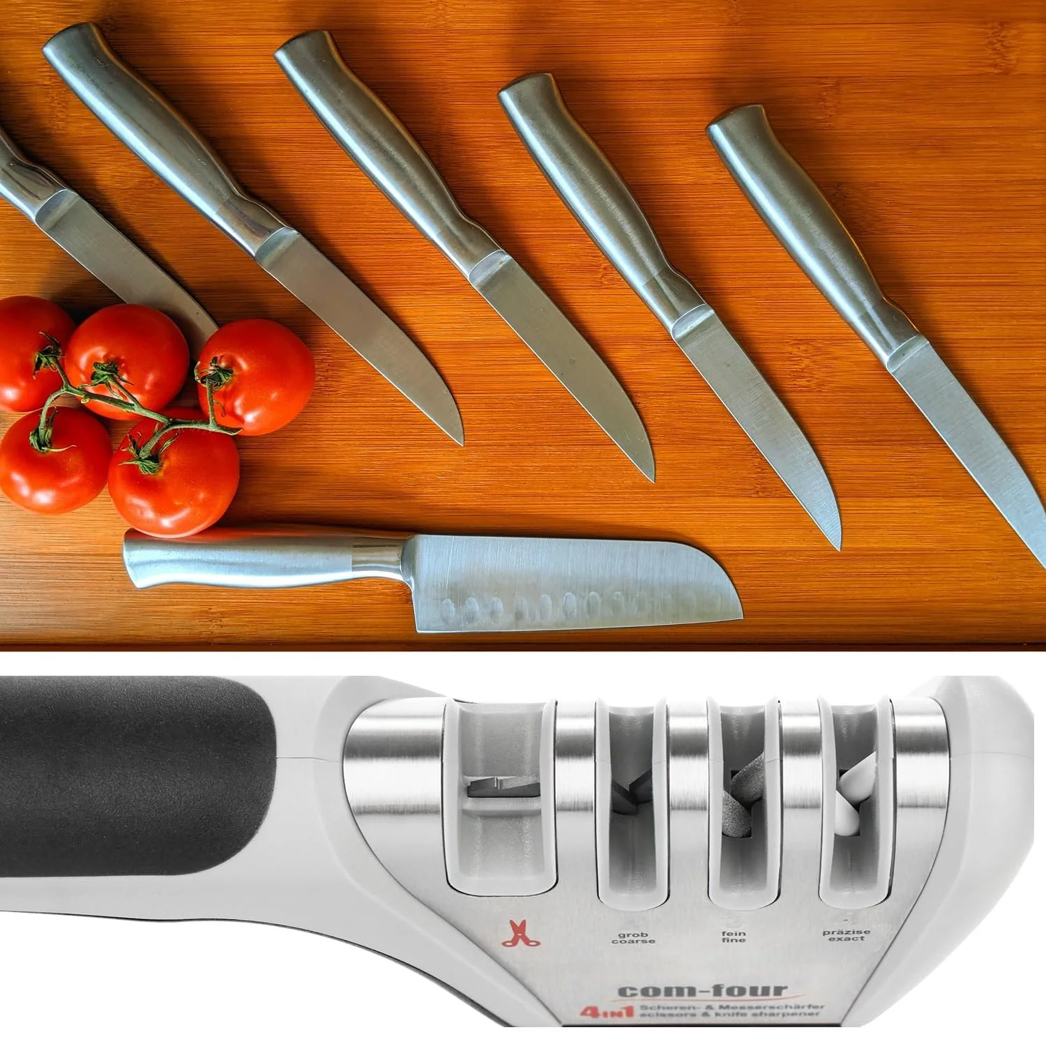 Точило для ножів COM-FOUR Premium 4-рівнева ручна Silver, Grey, Red, фото №8 Точило для ножів COM-FOUR Premium 4-рівнева ручна Silver, Grey, Red, фото №8