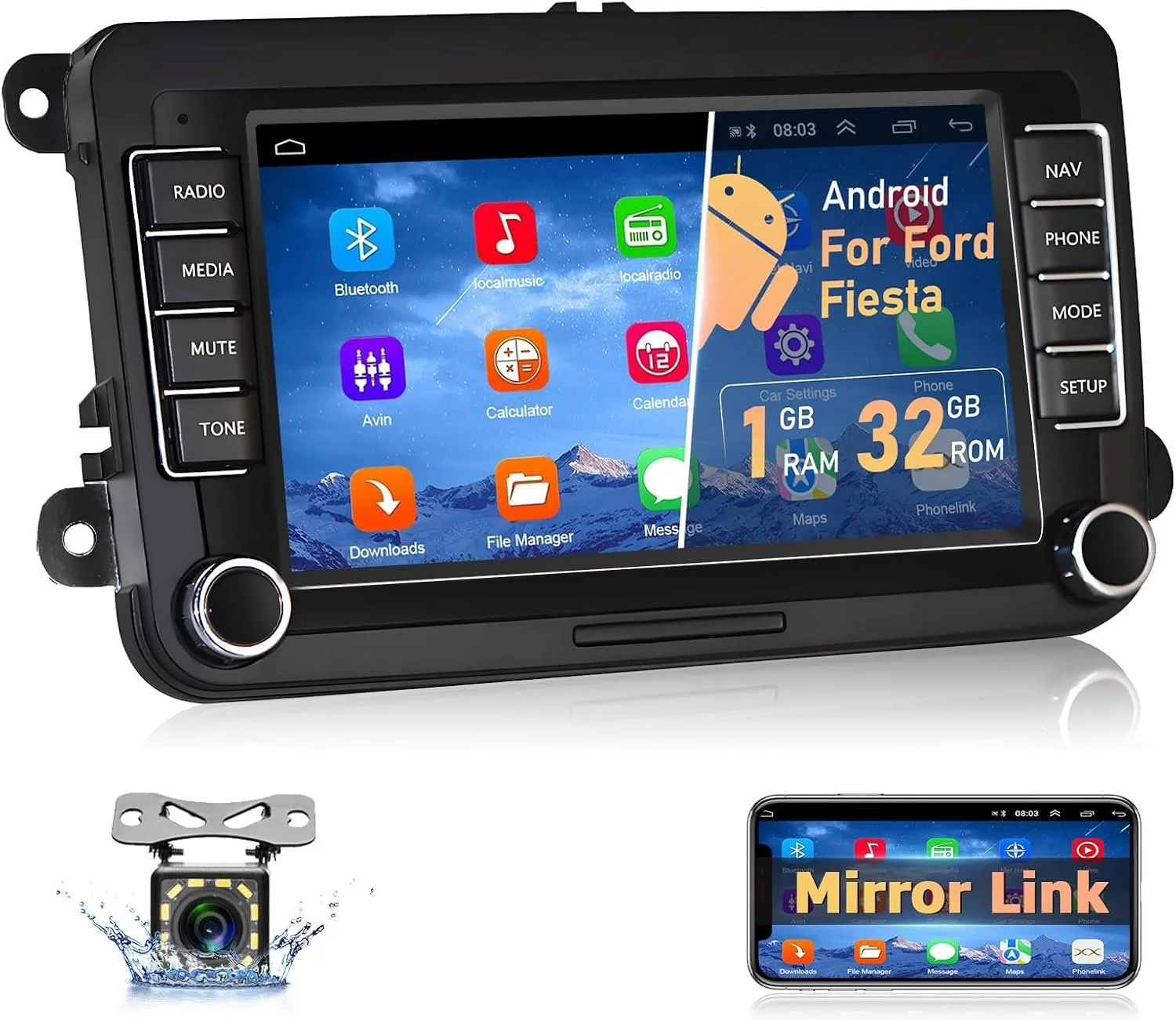 Штатна автомагнітола Podofo для VW Golf 5 6 Skoda Seat / 7" / Сенсорна / 1/32Гб / Android 13 / Bluetooth / WI-FI / GPS / USB, фото №1