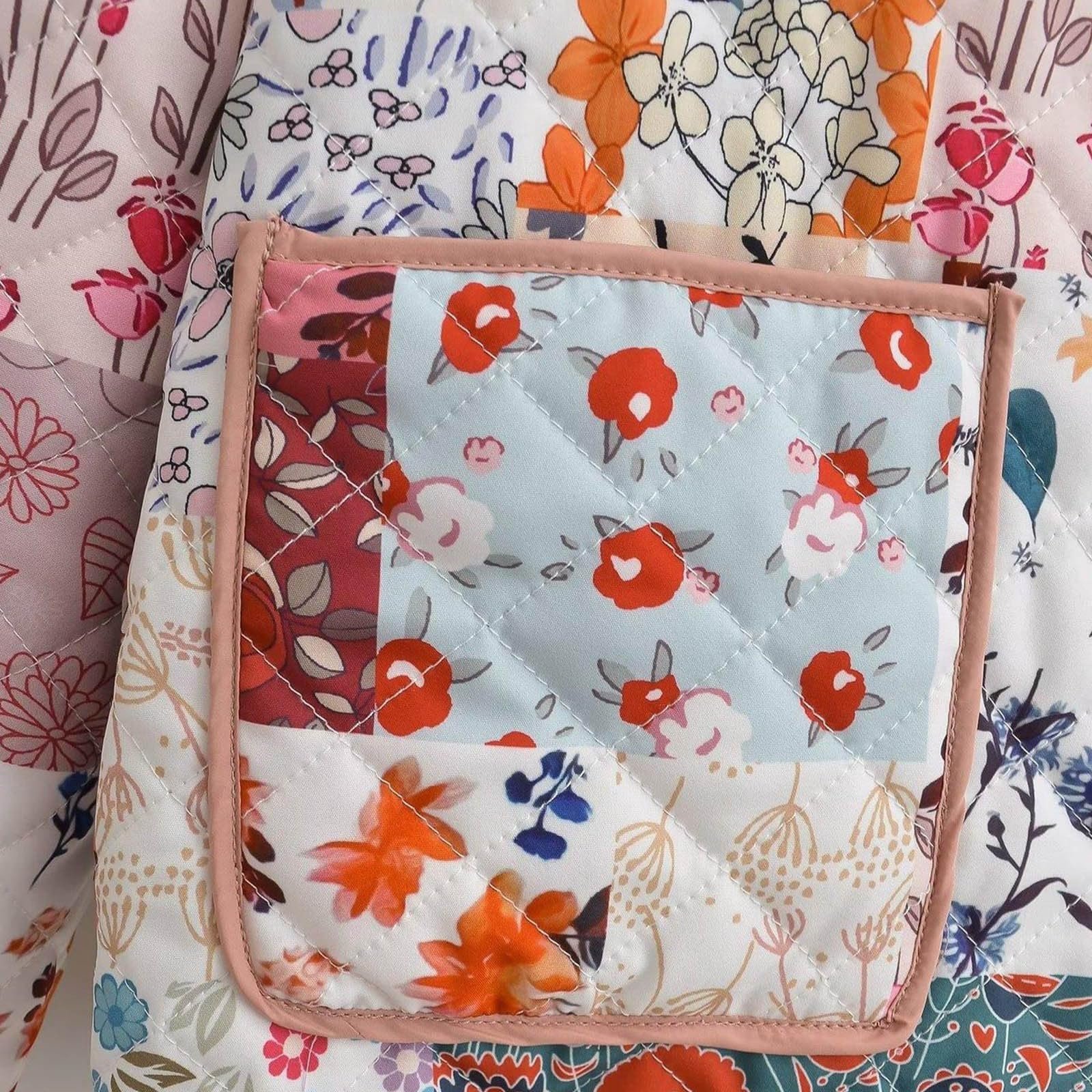 Жіноча куртка з квітковим принтом, стьобана, на ґудзиках, фото №5