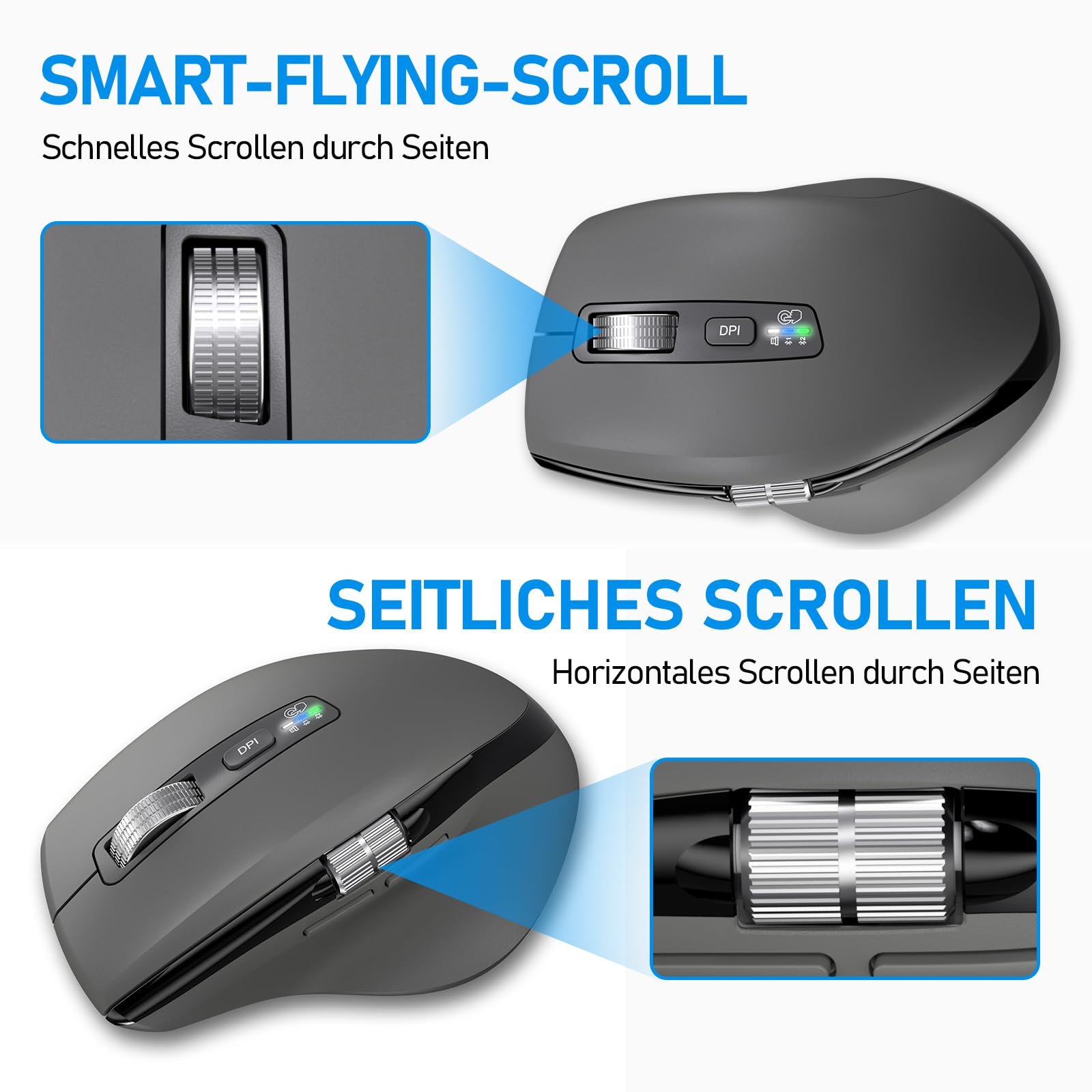 Миша INFINMIND Бездротова Bluetooth, з колесом прокрутки, колесом для великого пальця та ергономічним дизайном, тиха, для 3 пристроїв Windows/Mac OS/Chrome/Linux/Android, сіра, фото №4