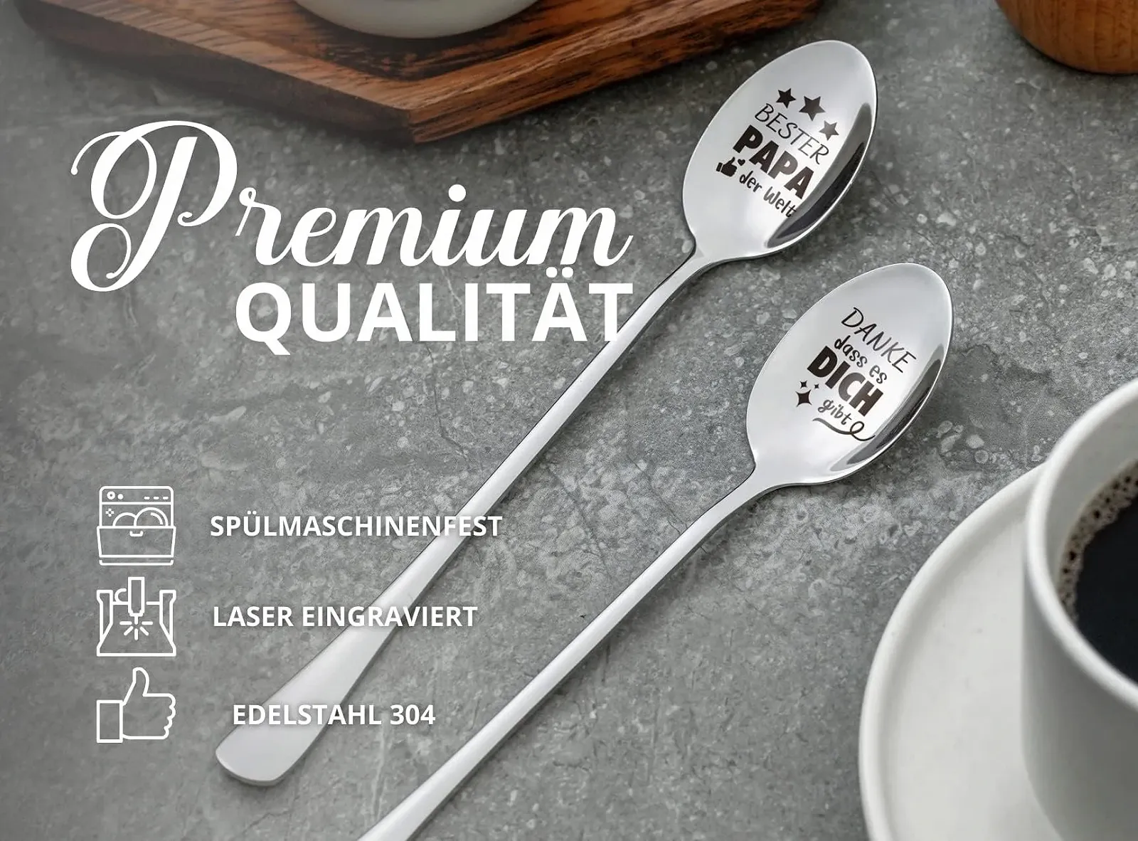 Ложки для кави INNObeta Bester Papa Der Welt, Danke Dass es Dich Gibt, 2 шт, нержавіюча сталь, з подарунковою коробкою, фото №2