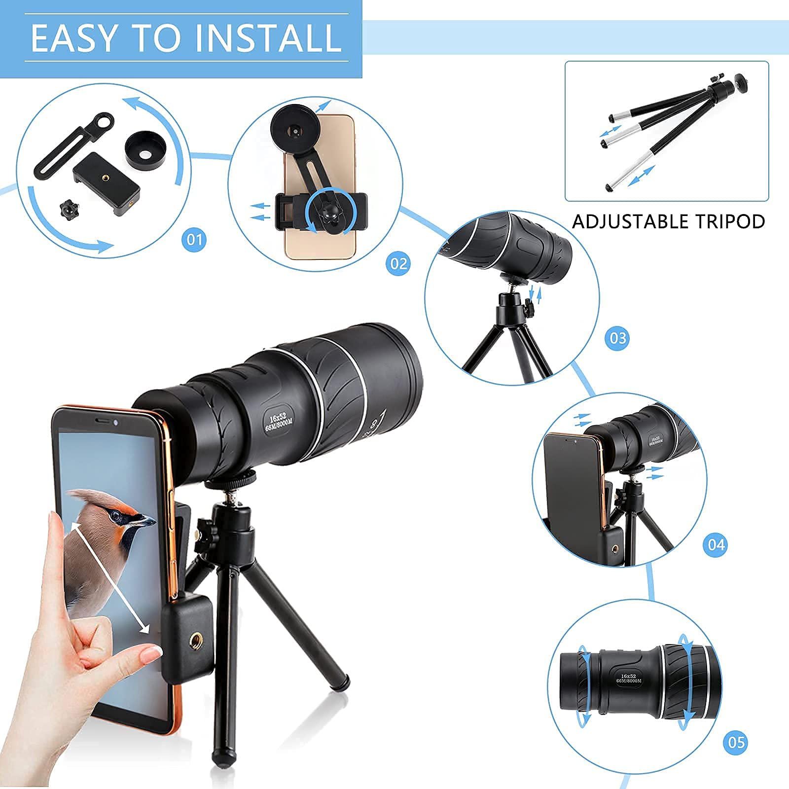 Монокуляр Zoombares Teleskop 16 x 52 с держателем для смартфона и штативом, фото №2
