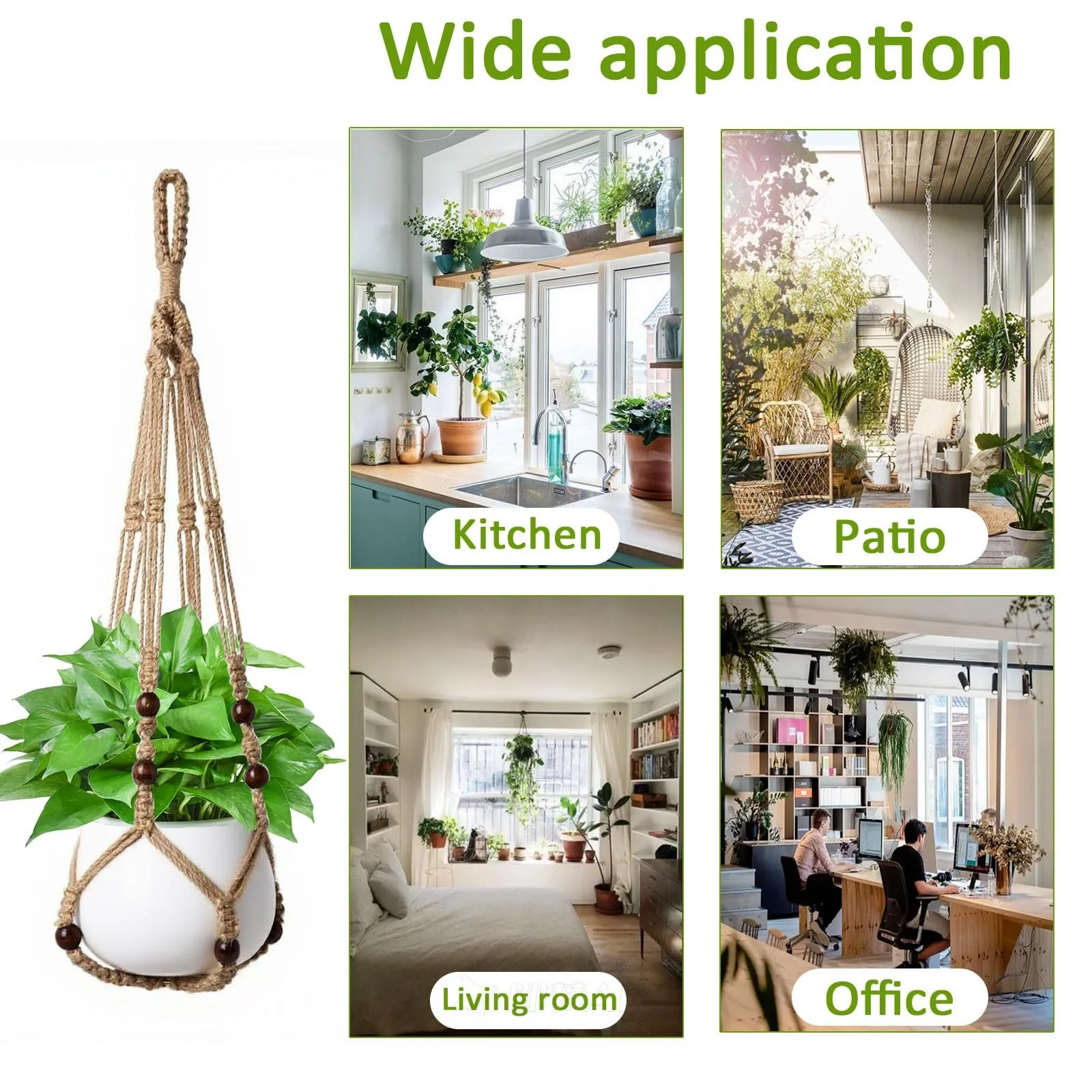 Кашпо підвісне Apstaqeoo з джутової мотузки з дерев'яними намистинами та S-подібним гачком, фото №4 Кашпо підвісне Apstaqeoo з джутової мотузки з дерев'яними намистинами та S-подібним гачком, фото №4