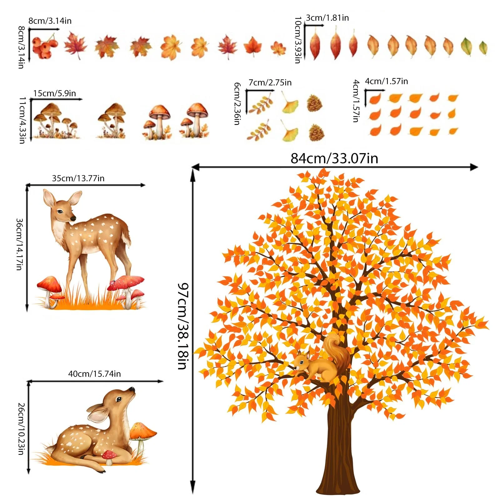 Наклейка на стіну Лісові тварини Олень, білка, їжак, гриби Для дитячої кімнати ПВХ Матова, фото №2