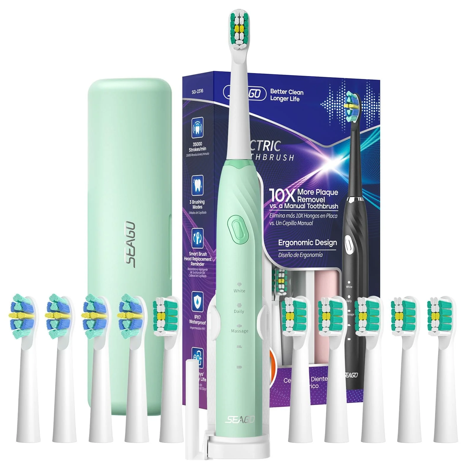 Звуковая электрическая зубная щетка Seago SG-2316 и дорожный футляр Зеленая, фото №1