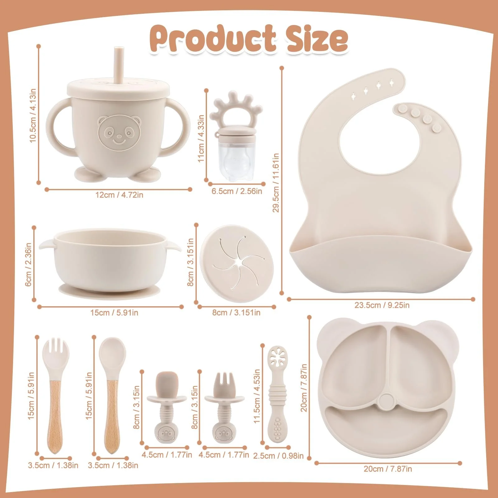 Набір дитячого силіконового посуду Feelhap, 13 предметів: дитяча тарілка з роздільниками та присоскою, дитяча миска з присоскою, силіконовий дитячий нагрудник, поїльник, фото №2