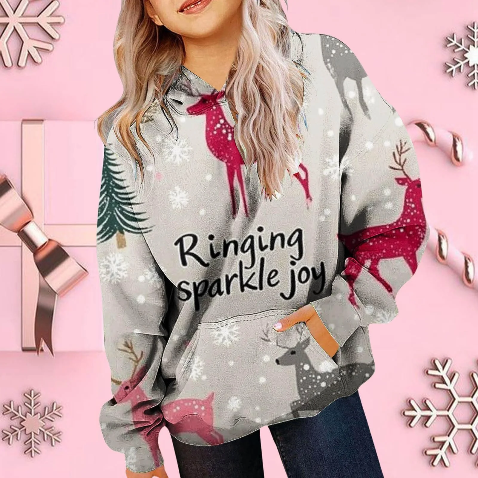 Детский рождественский пуловер с капюшоном, свитшот с длинными рукавами, рождественский принт, милый пуловер, одежда для девочек, фото №3