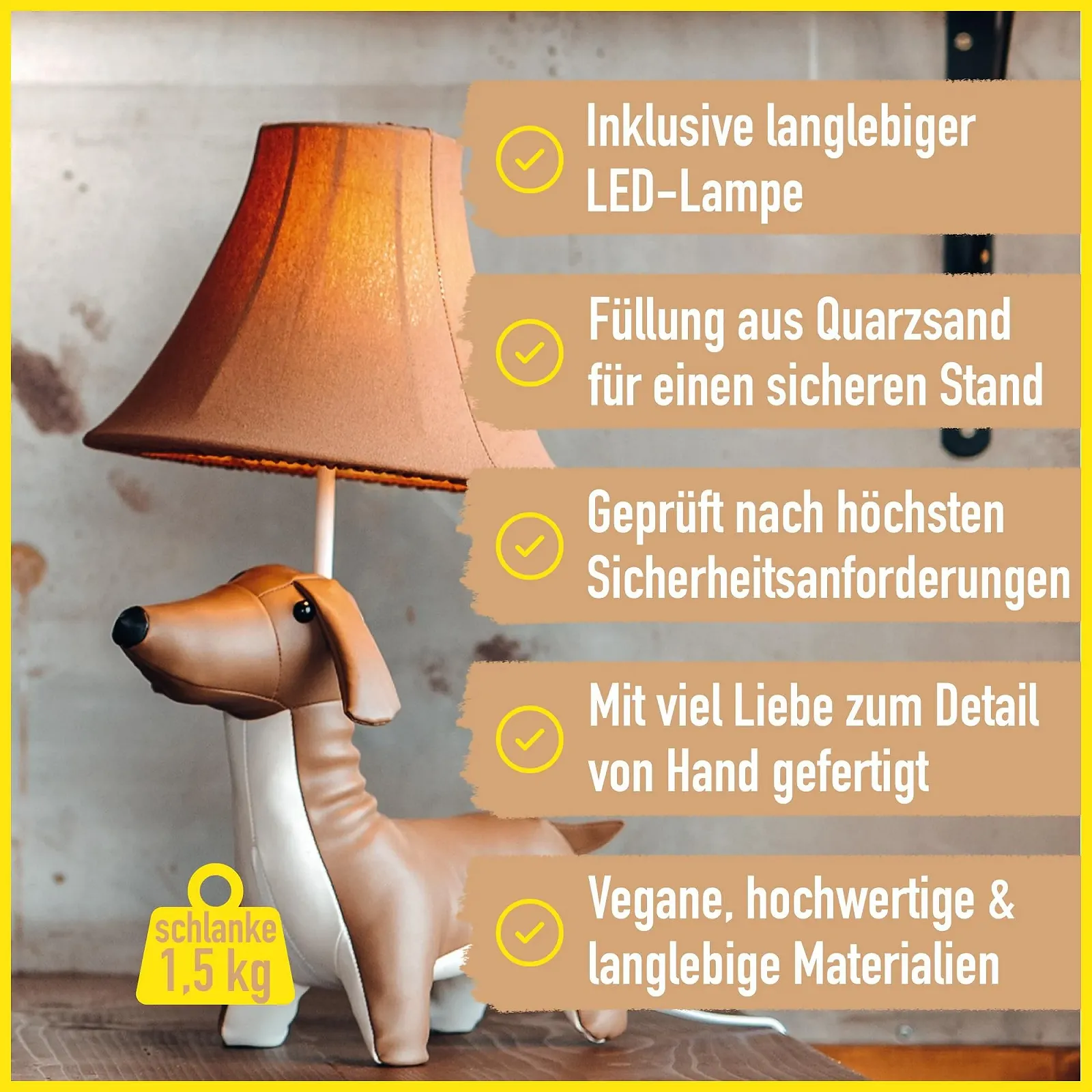 Настільна лампа Happy Lamps Waldi Dachshund LED 48 см Веганська шкіра Коричнева з білим, фото №3