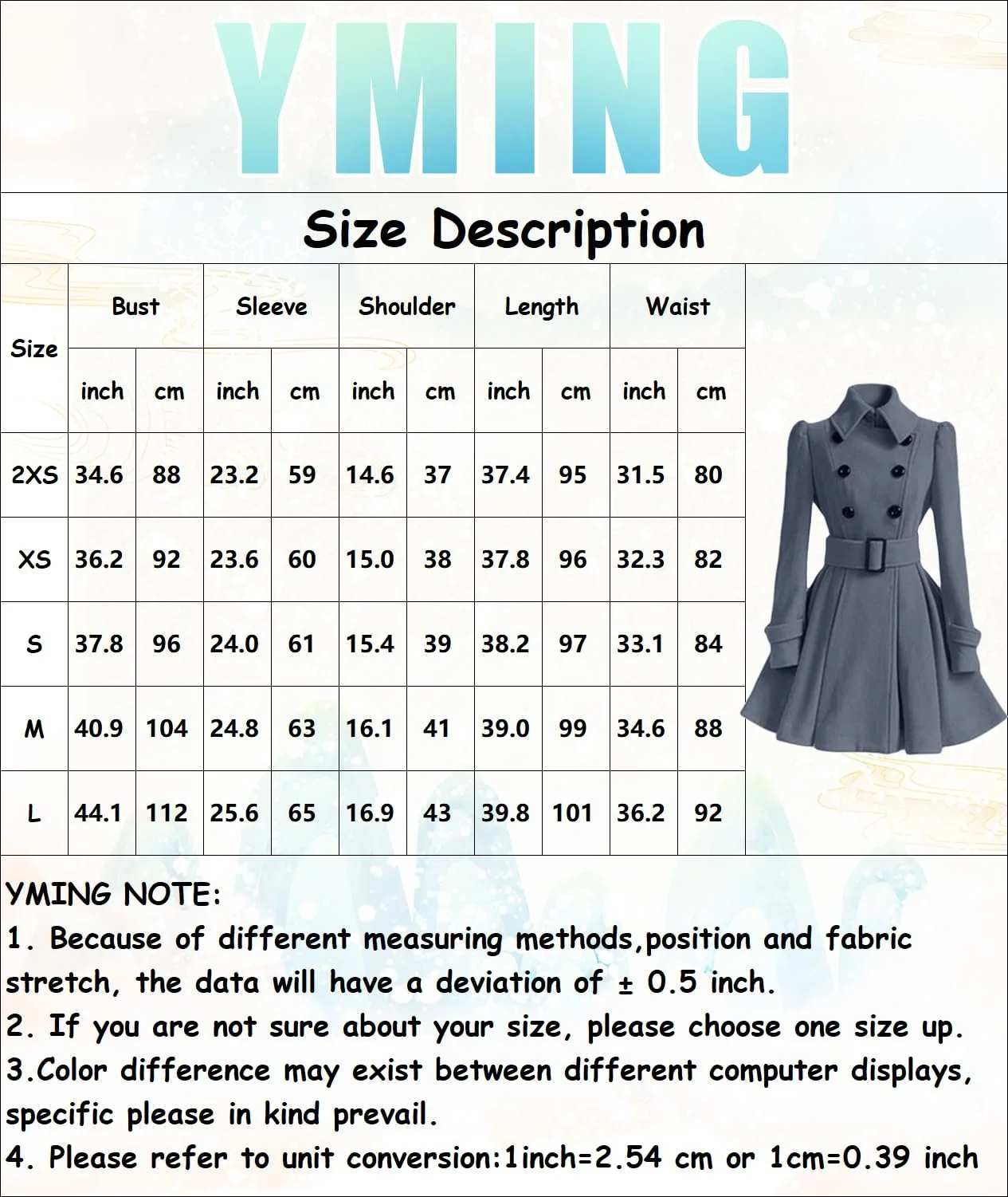 Пальто Yming Длинный рукав Расклешенное Двубортное, фото №2 Пальто Yming Длинный рукав Расклешенное Двубортное, фото №2