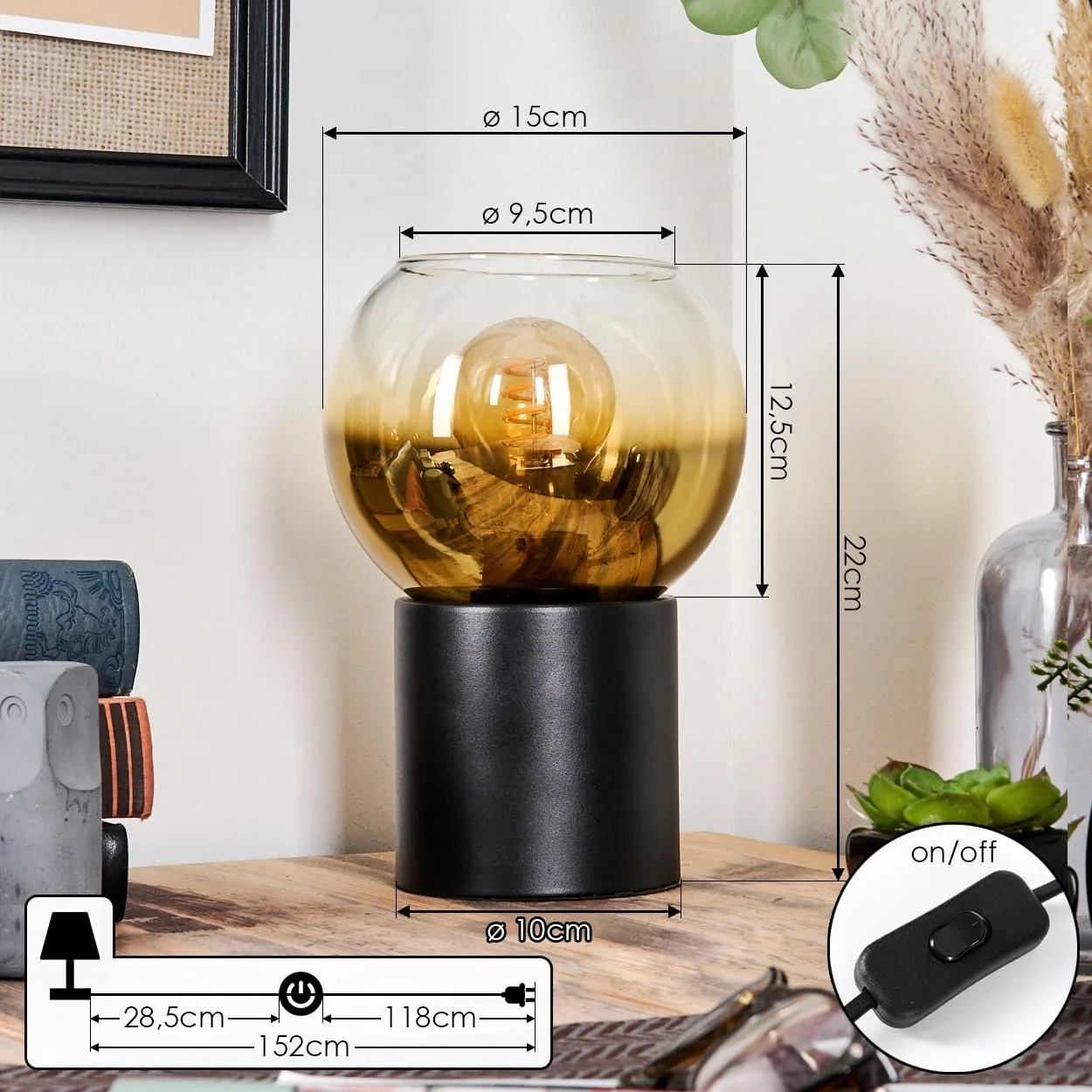 Настільна лампа HOFSTEIN Koyoto Метал/Скло E27 15 см Black/Gold/Clear, фото №4