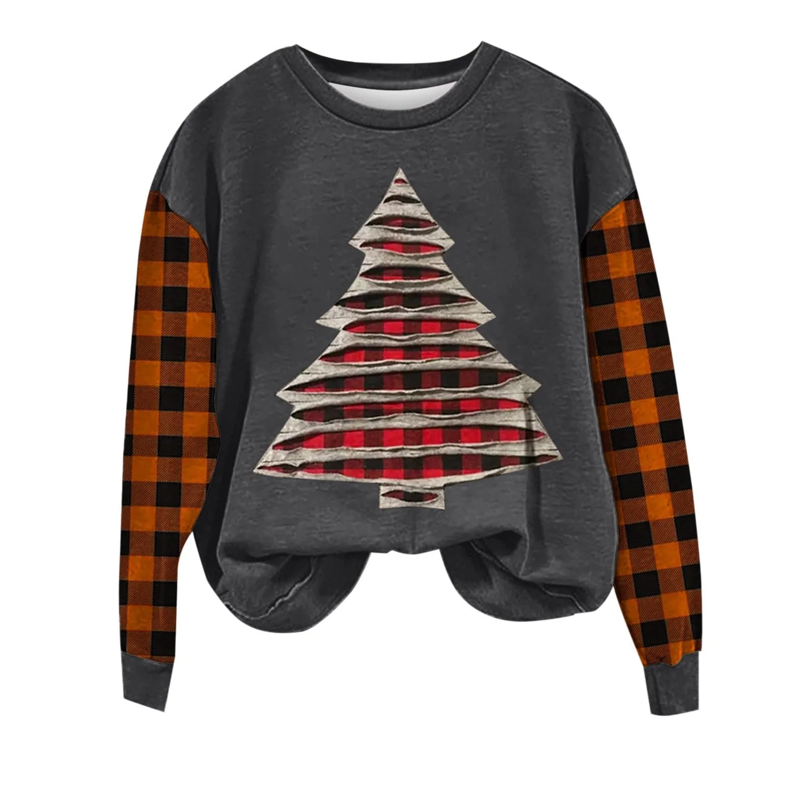 Легкий женский свитшот-пуловер с художественным принтом рождественской елки в клетку, длинными рукавами и круглым вырезом, мягкий хлопковый свитшот для женщин, фото №2
