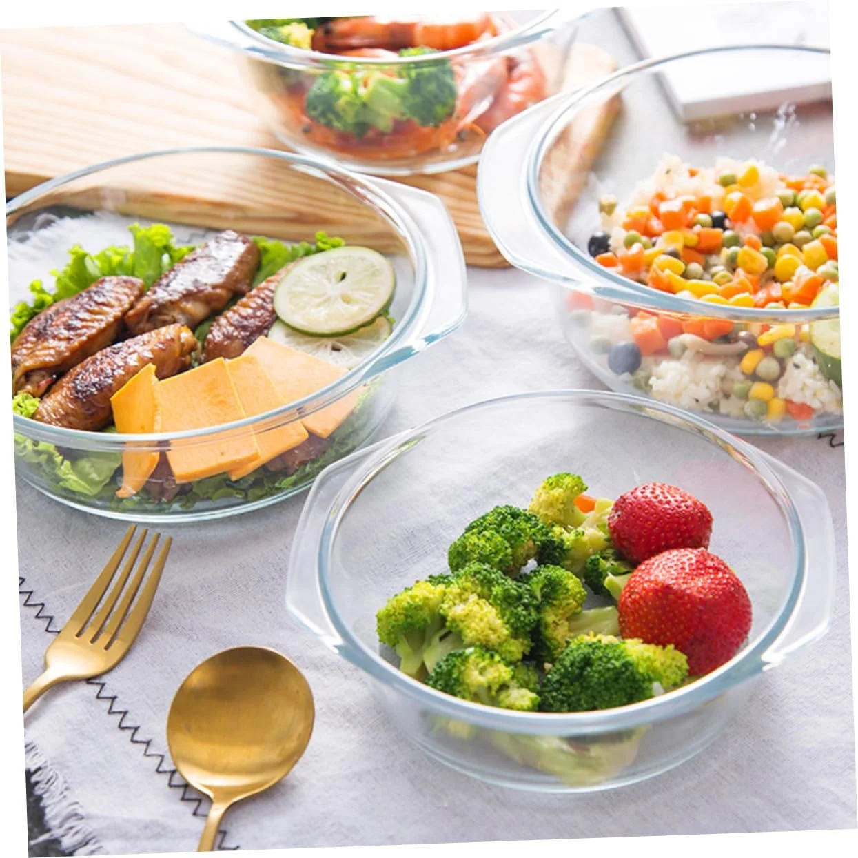 Миска стеклянная с крышкой термостойкая закаленное стекло круглая ударопрочная для микроволновой печи и духовки, фото №5