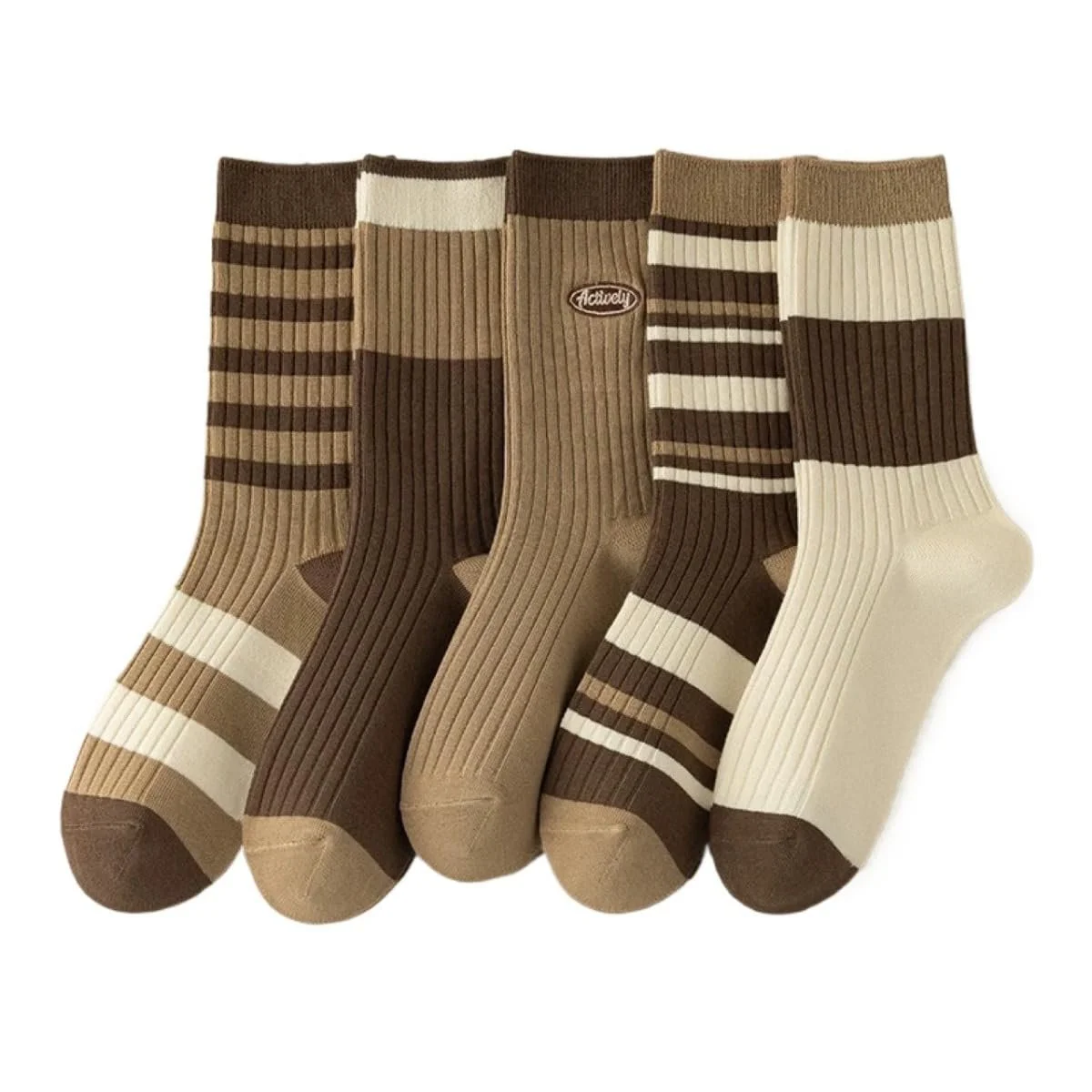 Женские носки в рубчик, набор 5 пар - коричневые и бежевые полоски, фото №1