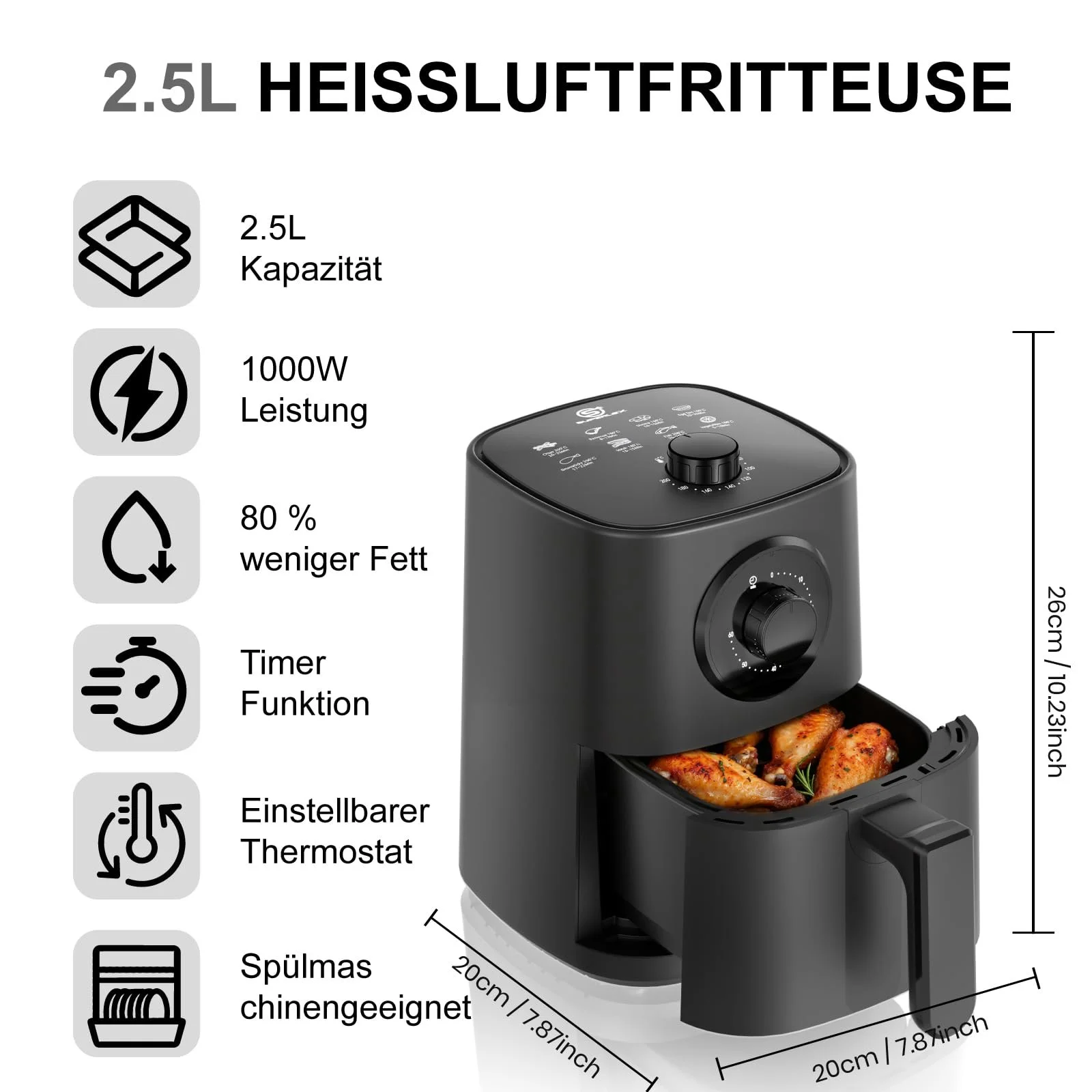 Мультипіч Mini Airfryer 2.5 л 1000 Вт ручний таймер Чорна, фото №3 Мультипіч Mini Airfryer 2.5 л 1000 Вт ручний таймер Чорна, фото №3