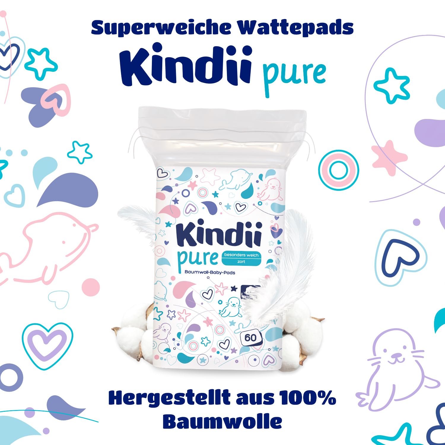 Дитячі подушечки Kindii Pure 100% бавовна Великі квадратні для чутливої шкіри 60 штук, фото №6