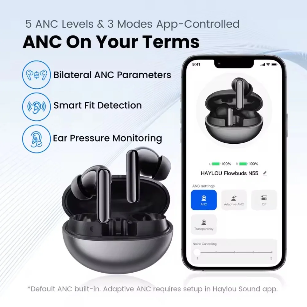 Навушники HAYLOU Flowbuds N55 Black LDAC Hi-Res Audio 54dB ANC IPX5, фото №4