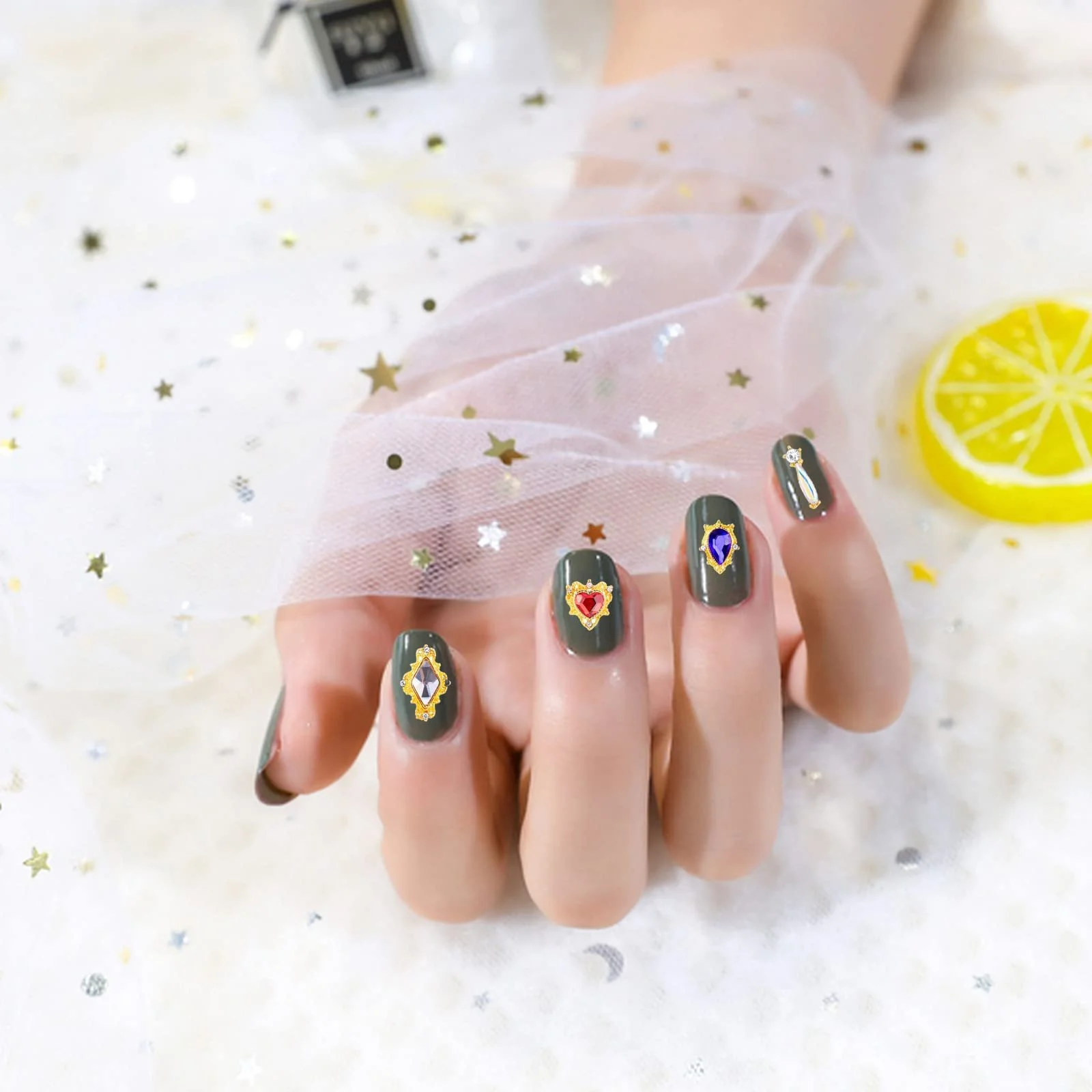 Стрази для нігтів Прикраса для нігтів Серце, 17 шт, золотий сплав, кристали, райдужні, плоска задня частина для DIY, фото №6