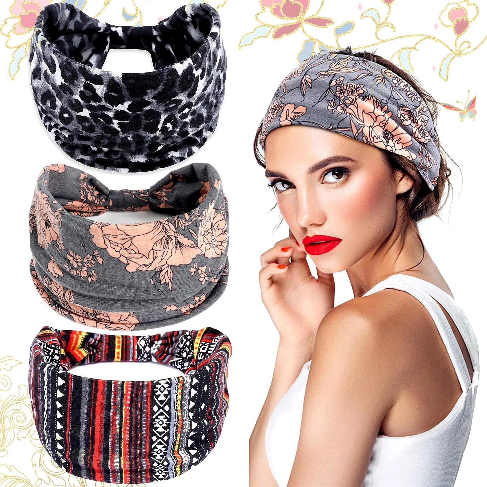 Пов'язка на голову SoundZero, широкий еластичний друкований набір, 3 шт., фото №1