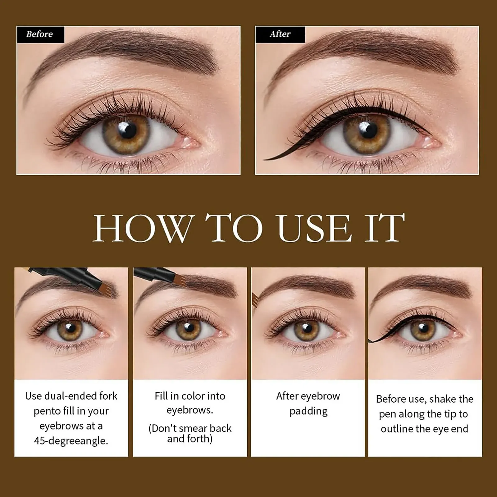 Карандаш для бровей 2-в-1 Magic 3D Microblading с эффектом татуажа, 4 зубчика с подводкой для глаз, многофункциональный карандаш для бровей с двойной головкой, долговечный водостойкий инструмент для макияжа Светло-коричневый, фото №2